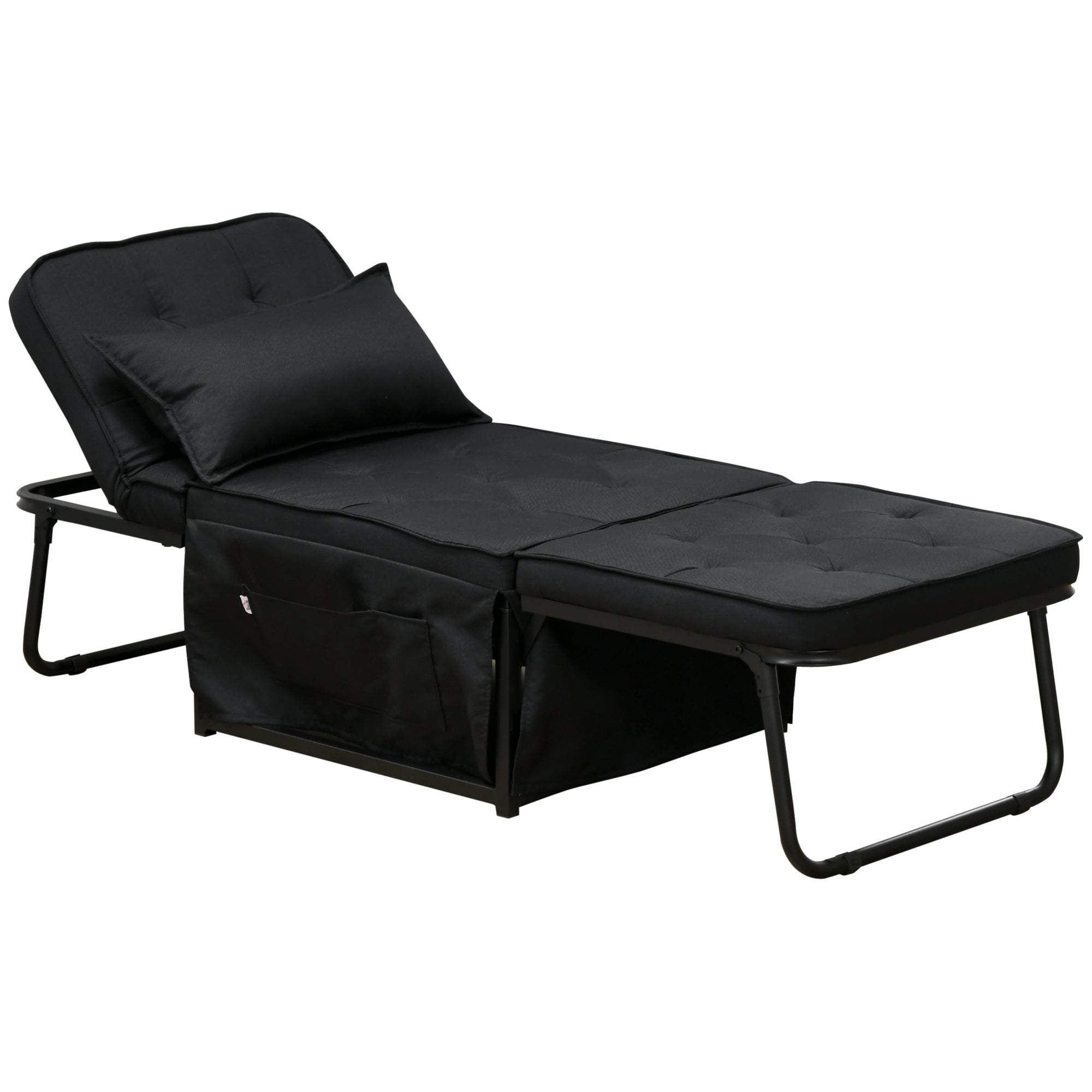 Single Seater Convertible Armchair Bed Chaise Longue 4 in 1 with 5-Level Reclining Backrest, Foldable Footrest, Removable Cushion and Pockets, for Guest Room Black