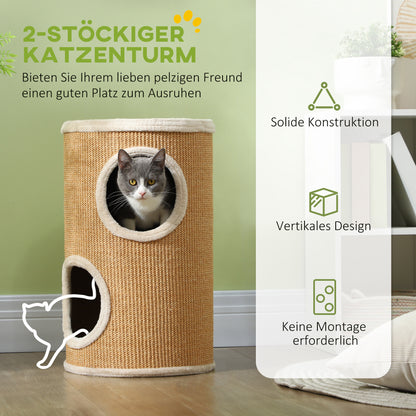 Scratching Barrel, 60 cm High Cat Barrel with 2 Caves, Scratching Post, Cat Tower made of Sisal, for Cat up to 5 kg, Brown