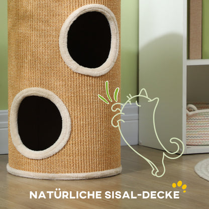 Scratching Barrel, 60 cm High Cat Barrel with 2 Caves, Scratching Post, Cat Tower made of Sisal, for Cat up to 5 kg, Brown