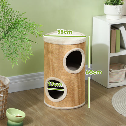 Scratching Barrel, 60 cm High Cat Barrel with 2 Caves, Scratching Post, Cat Tower made of Sisal, for Cat up to 5 kg, Brown