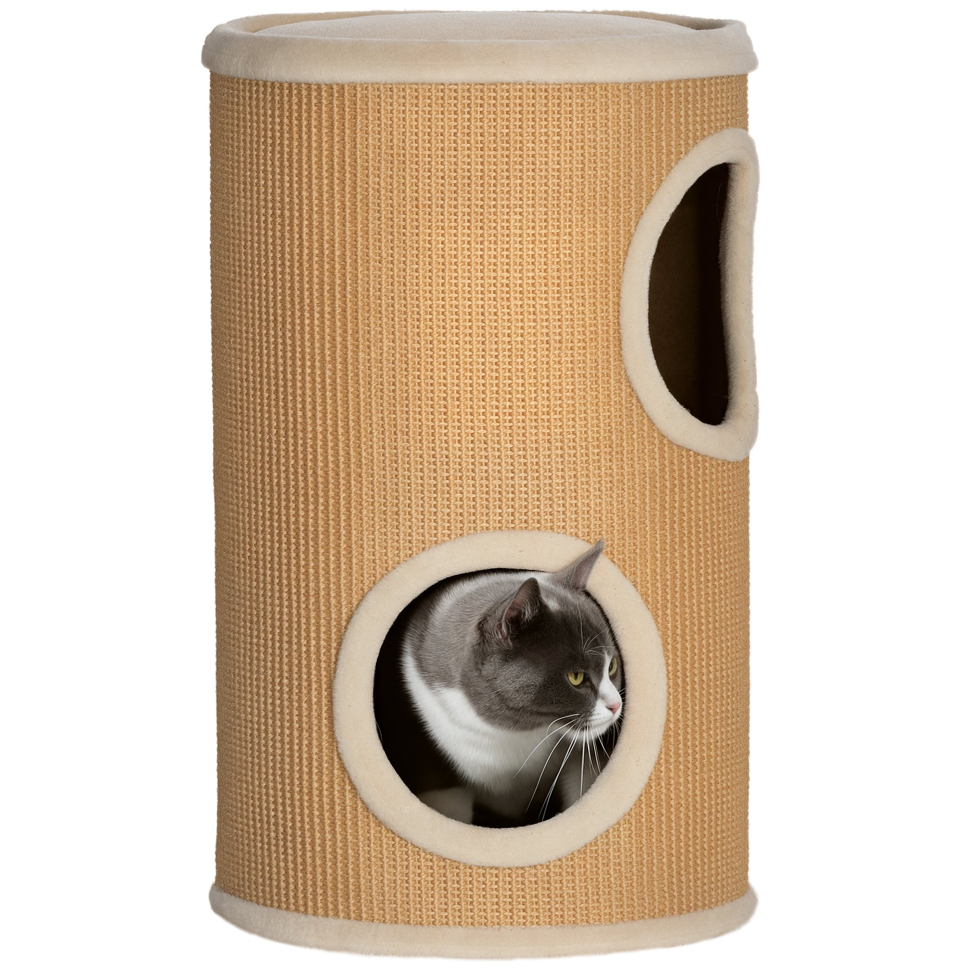 Scratching Barrel, 60 cm High Cat Barrel with 2 Caves, Scratching Post, Cat Tower made of Sisal, for Cat up to 5 kg, Brown