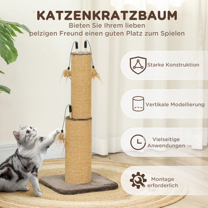 2-in-1 Scratching Post, 78cm Scratching Pole, Jute Cat Scratching Tree with Feathers, Cat Scratching Furniture, Indoor, Brown