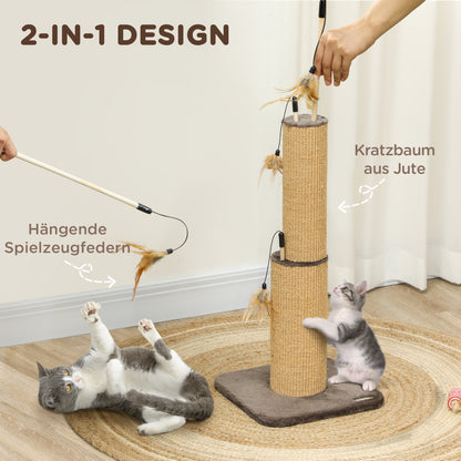 2-in-1 Scratching Post, 78cm Scratching Pole, Jute Cat Scratching Tree with Feathers, Cat Scratching Furniture, Indoor, Brown