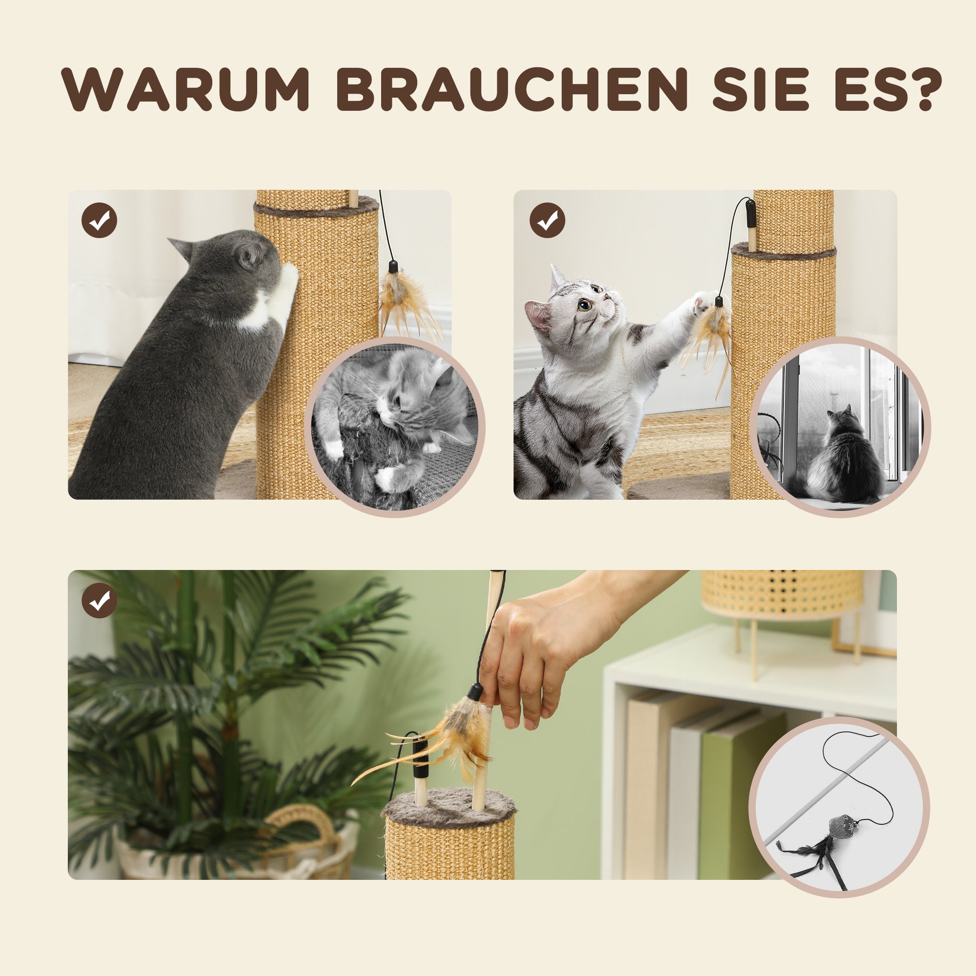 2-in-1 Scratching Post, 78cm Scratching Pole, Jute Cat Scratching Tree with Feathers, Cat Scratching Furniture, Indoor, Brown