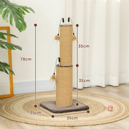 2-in-1 Scratching Post, 78cm Scratching Pole, Jute Cat Scratching Tree with Feathers, Cat Scratching Furniture, Indoor, Brown