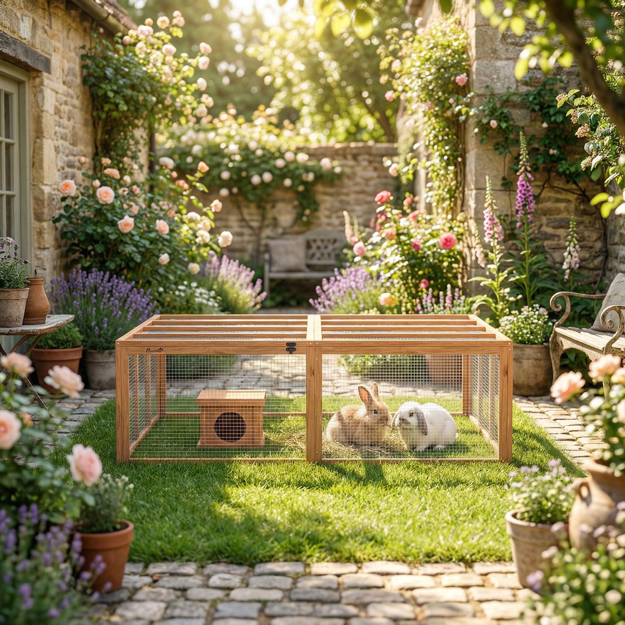 Wooden Rabbit Hutch & Run with Shelter, 71 x 59 x 19 in, 2 Doors — Orange