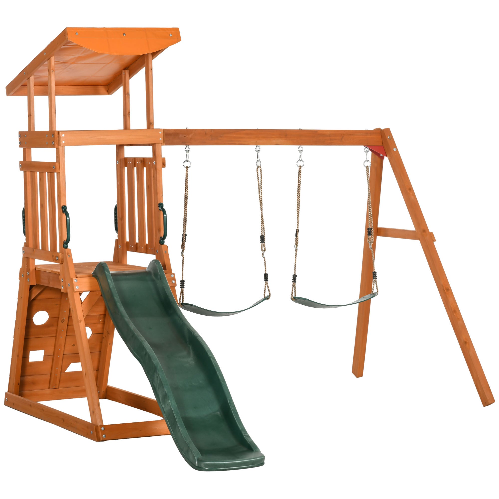 3-in-1 Set with Slide, 2 Garden Swings, and Climbing Wall, Outdoor Playset for Children Age 3-8 Years, Wooden Structure with Sunshade Roof