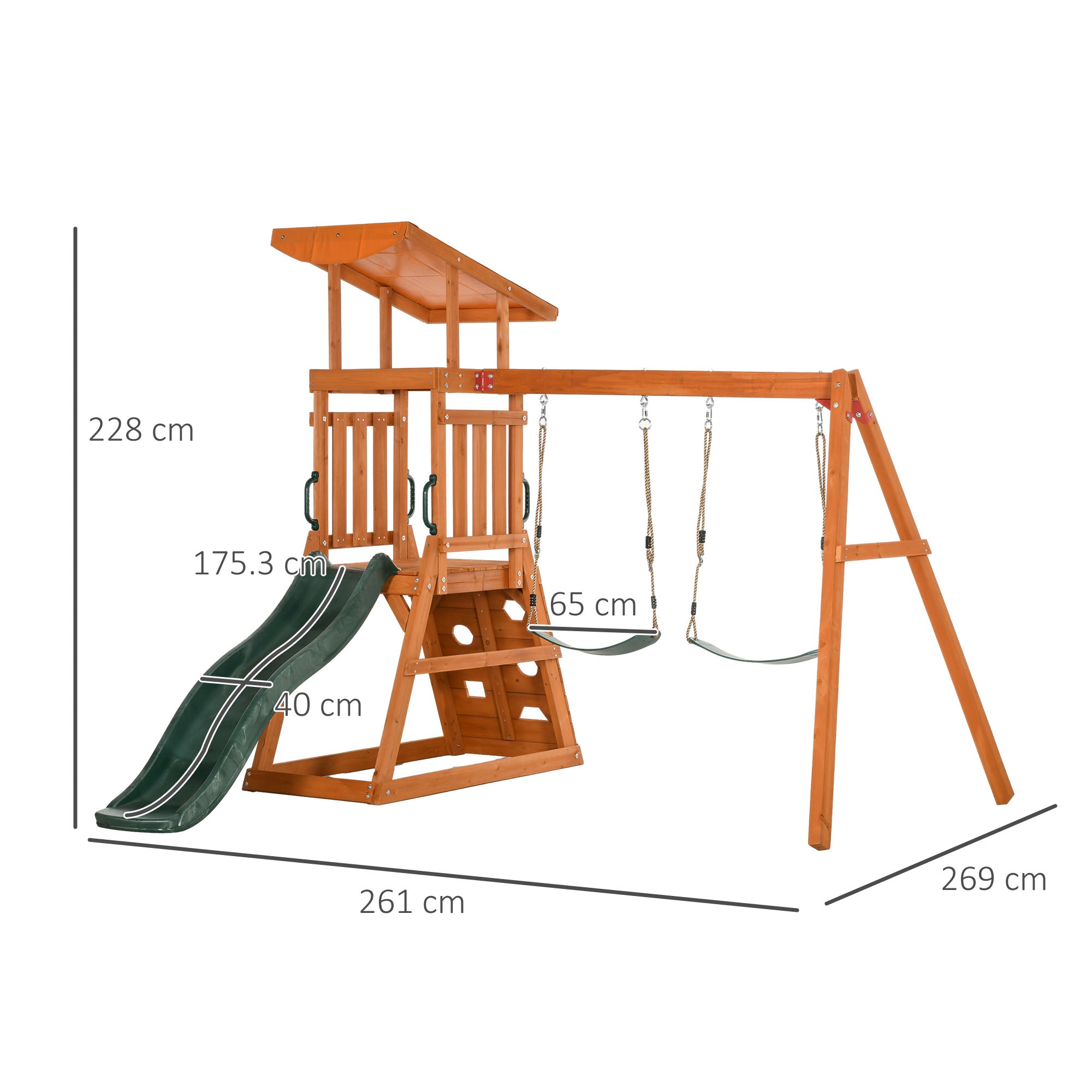 3-in-1 Set with Slide, 2 Garden Swings, and Climbing Wall, Outdoor Playset for Children Age 3-8 Years, Wooden Structure with Sunshade Roof