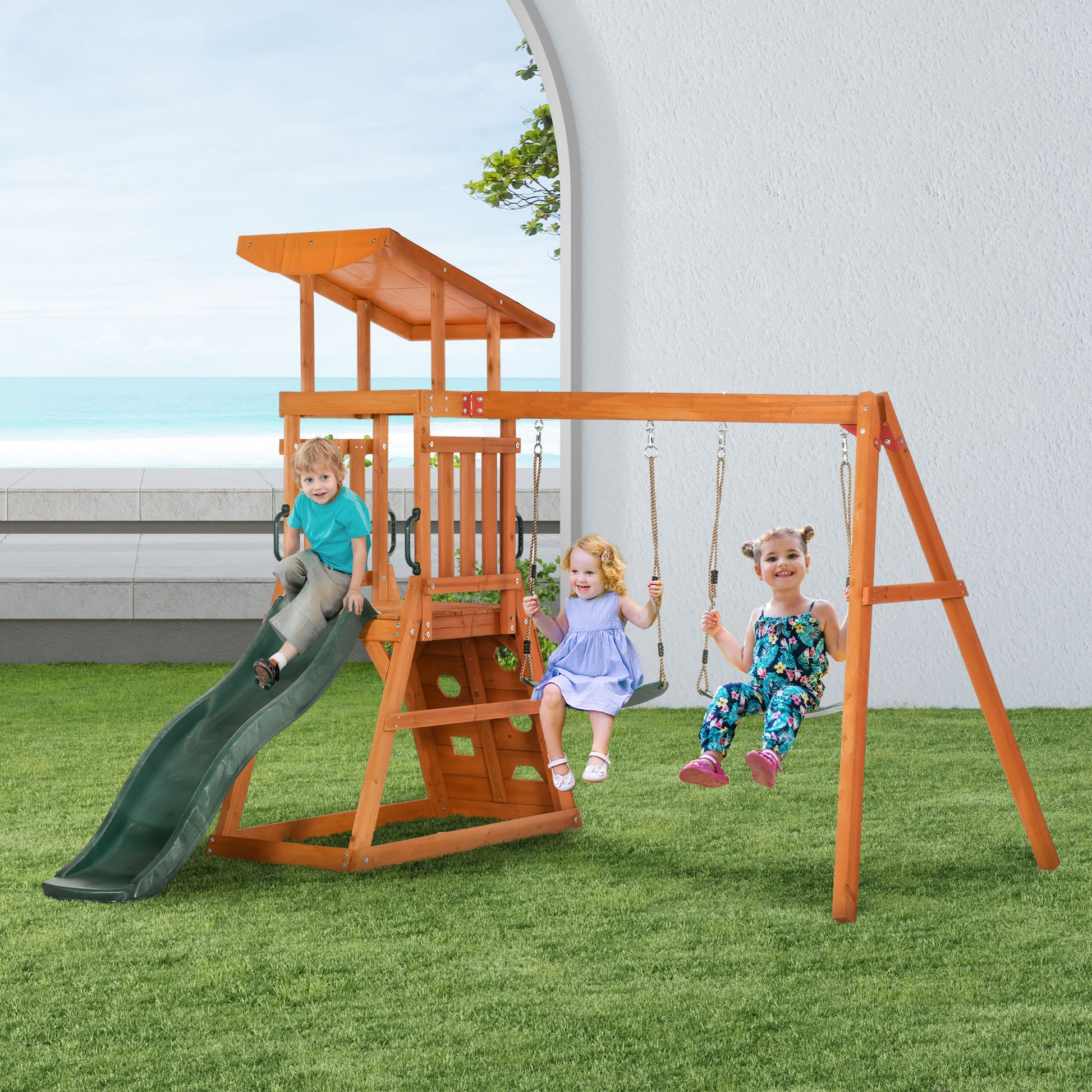 3-in-1 Set with Slide, 2 Garden Swings, and Climbing Wall, Outdoor Playset for Children Age 3-8 Years, Wooden Structure with Sunshade Roof