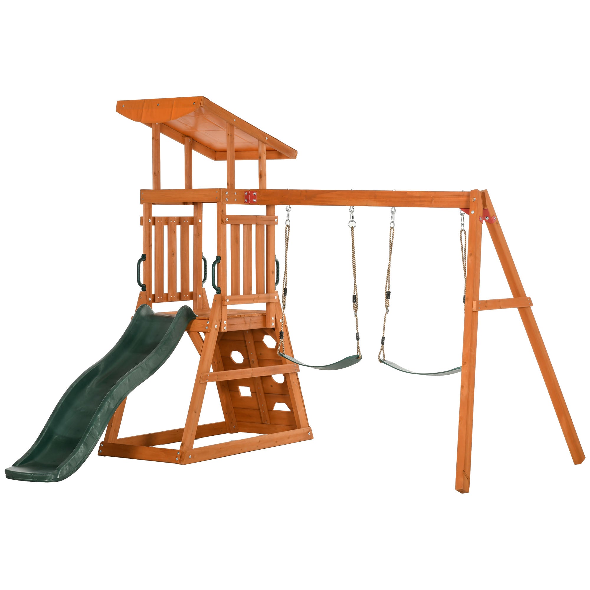 3-in-1 Set with Slide, 2 Garden Swings, and Climbing Wall, Outdoor Playset for Children Age 3-8 Years, Wooden Structure with Sunshade Roof