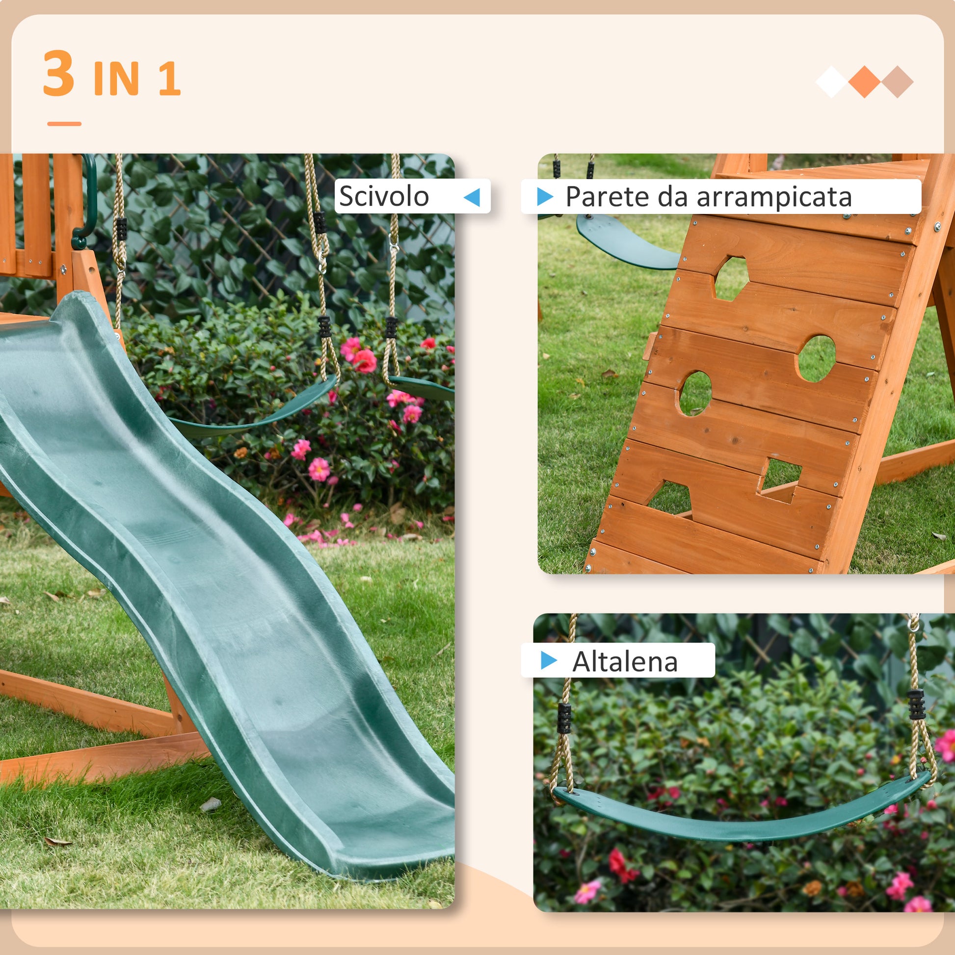 3-in-1 Set with Slide, 2 Garden Swings, and Climbing Wall, Outdoor Playset for Children Age 3-8 Years, Wooden Structure with Sunshade Roof