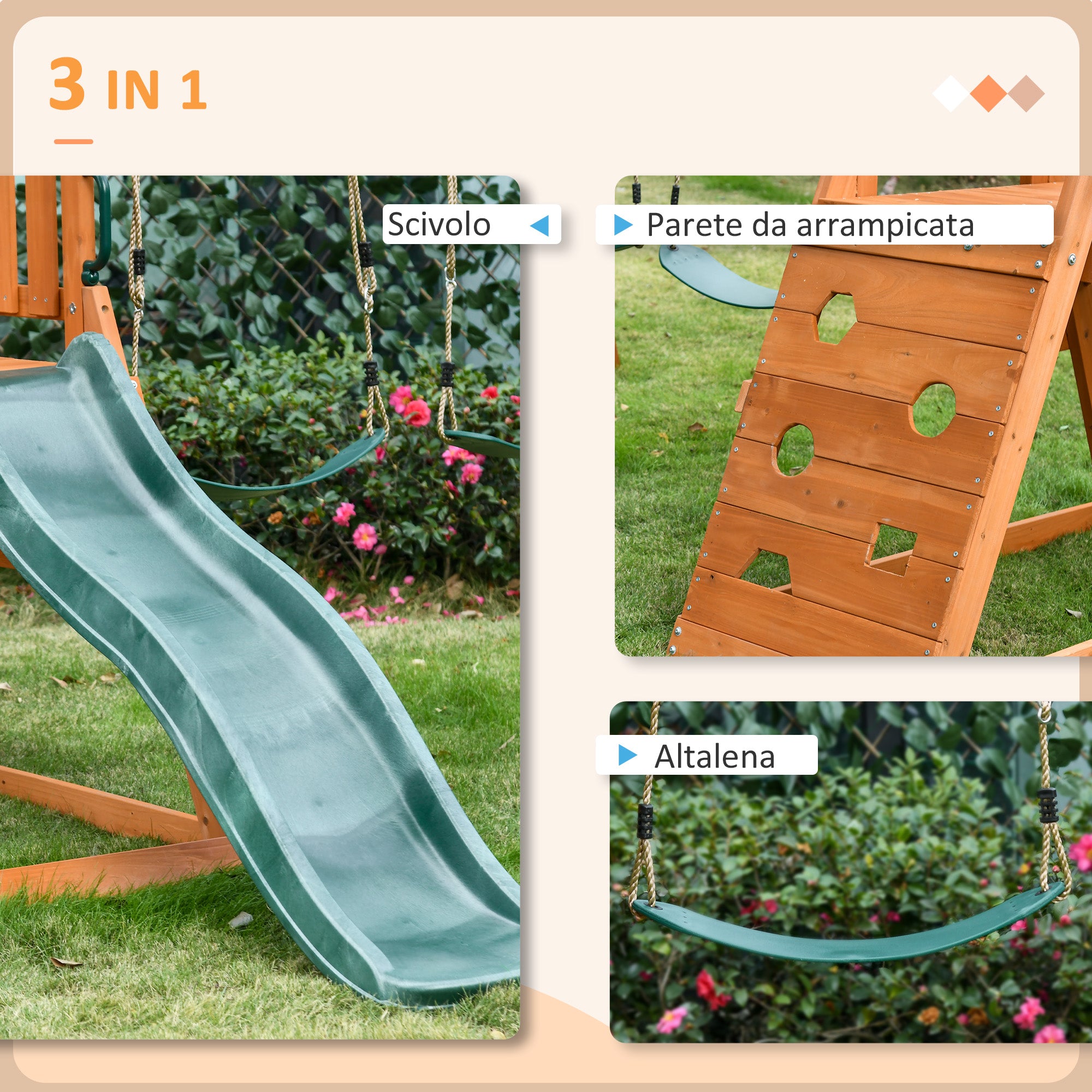 3-in-1 Set with Slide, 2 Garden Swings, and Climbing Wall, Outdoor Playset for Children Age 3-8 Years, Wooden Structure with Sunshade Roof