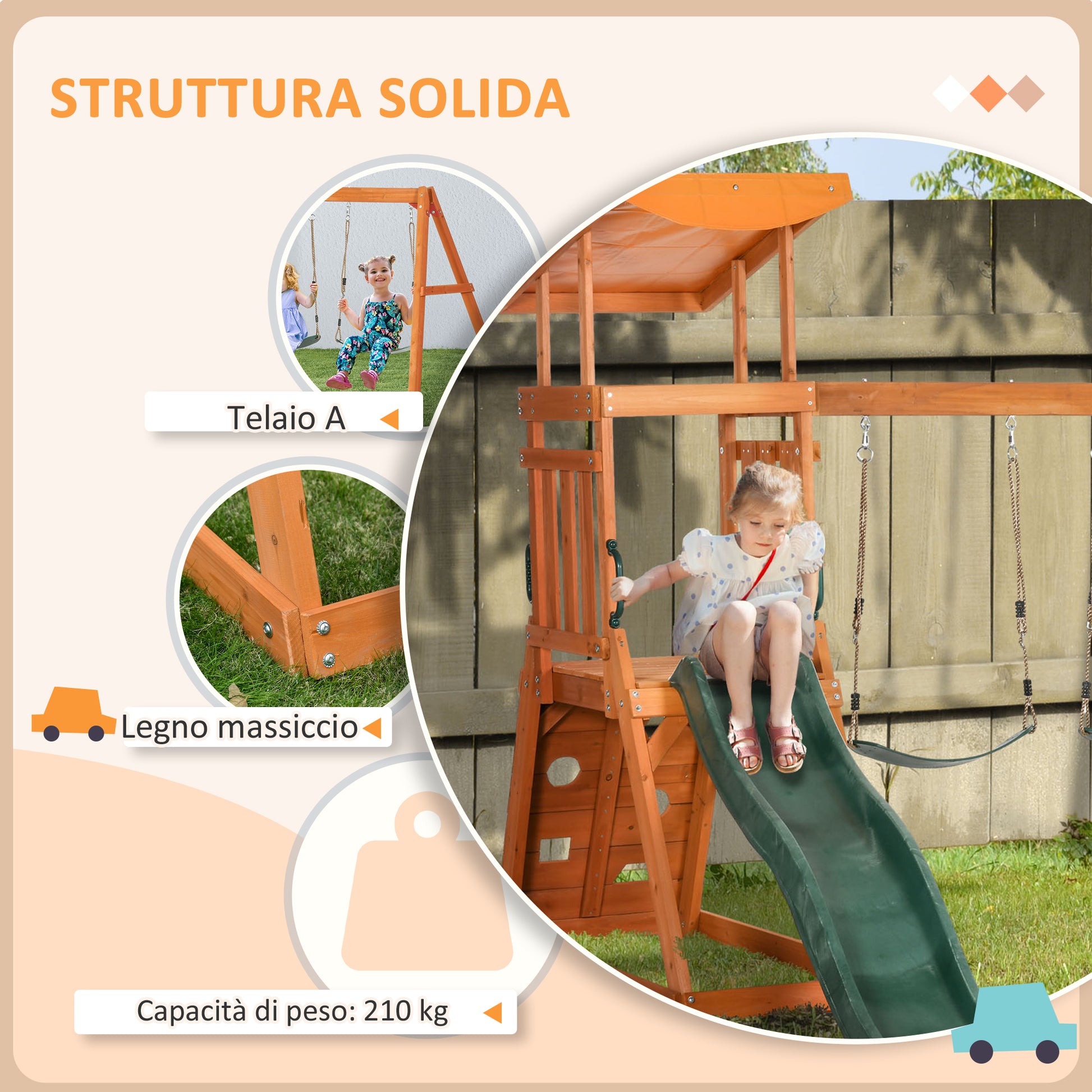 3-in-1 Set with Slide, 2 Garden Swings, and Climbing Wall, Outdoor Playset for Children Age 3-8 Years, Wooden Structure with Sunshade Roof