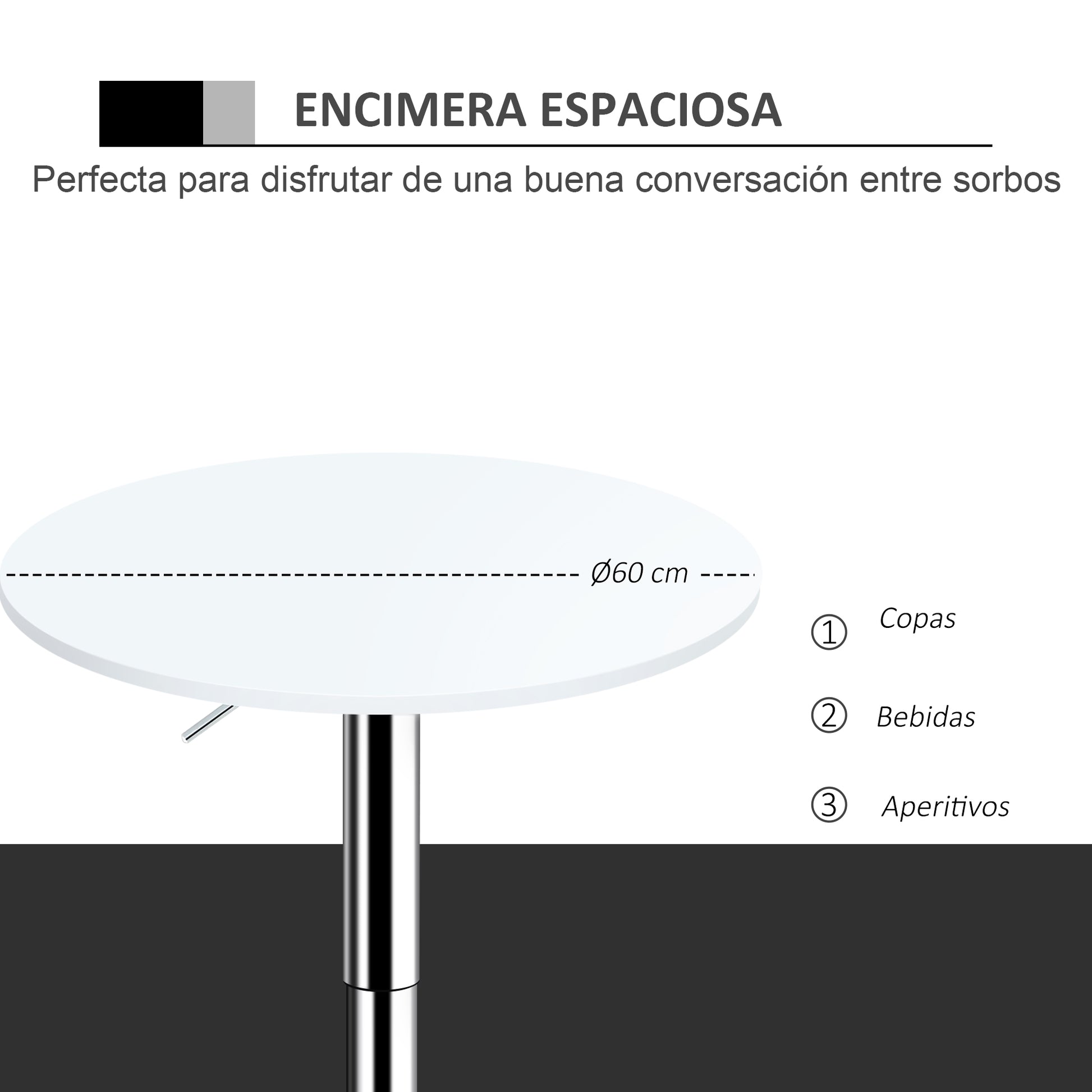 Height Adjustable Bar Table with Round Anti-Slip Base for Kitchen Dining Ø60x69-93 cm White