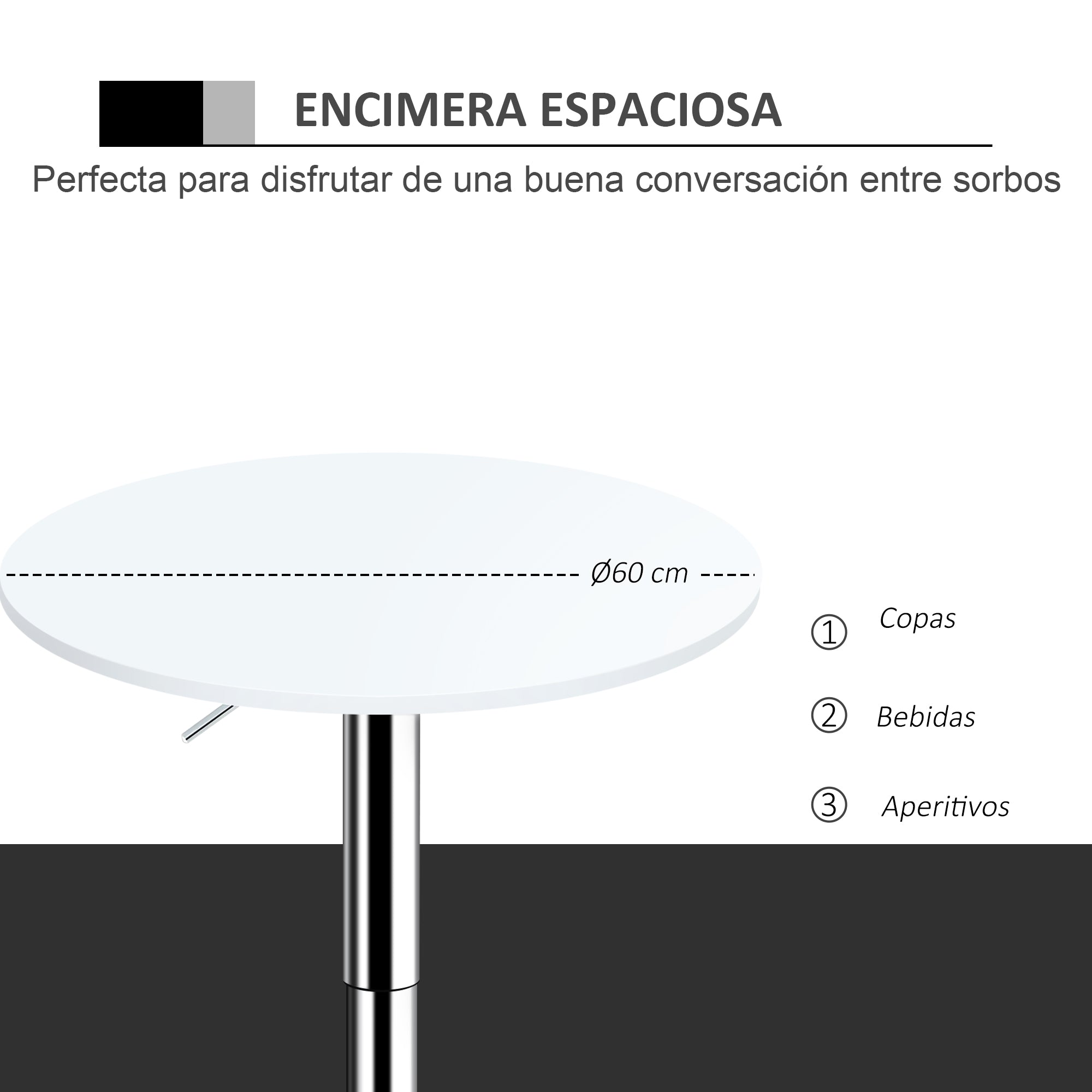 Height Adjustable Bar Table with Round Anti-Slip Base for Kitchen Dining Ø60x69-93 cm White