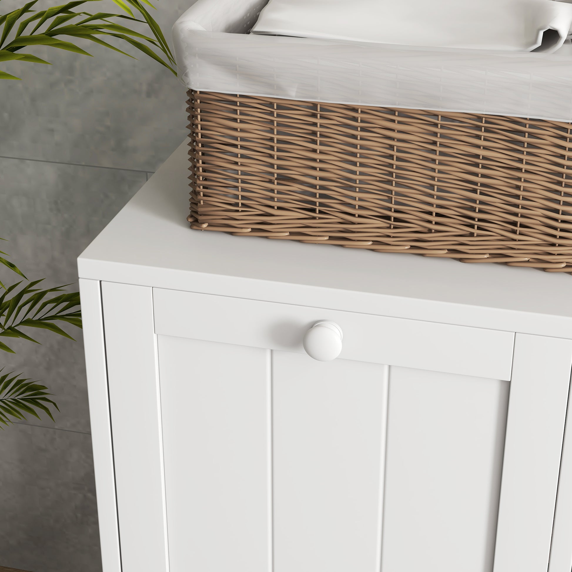 Portable Laundry Hamper with 2 Flip-Top Compartments, Wooden Bathroom Storage for Laundry, 66x33x68cm, White