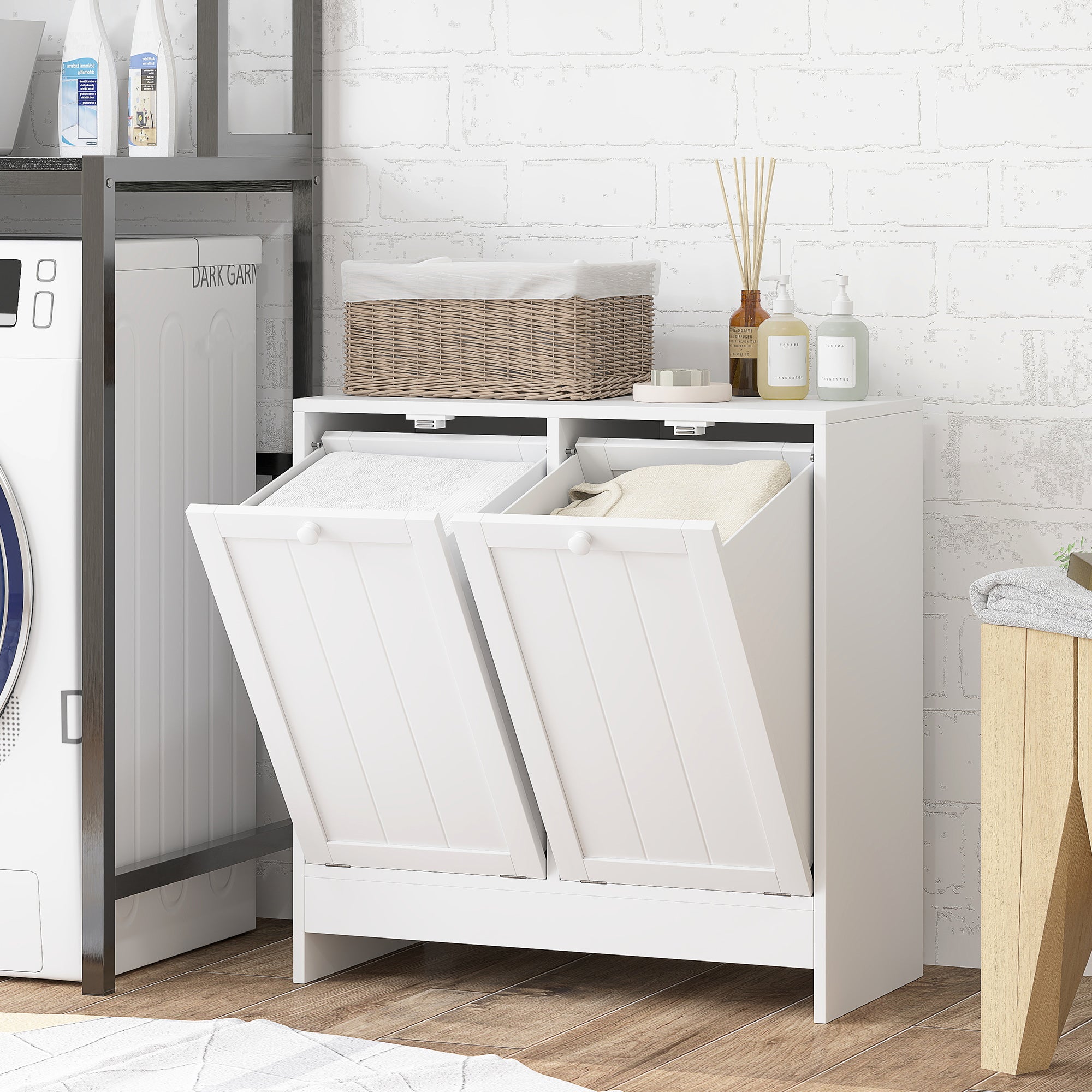Portable Laundry Hamper with 2 Flip-Top Compartments, Wooden Bathroom Storage for Laundry, 66x33x68cm, White