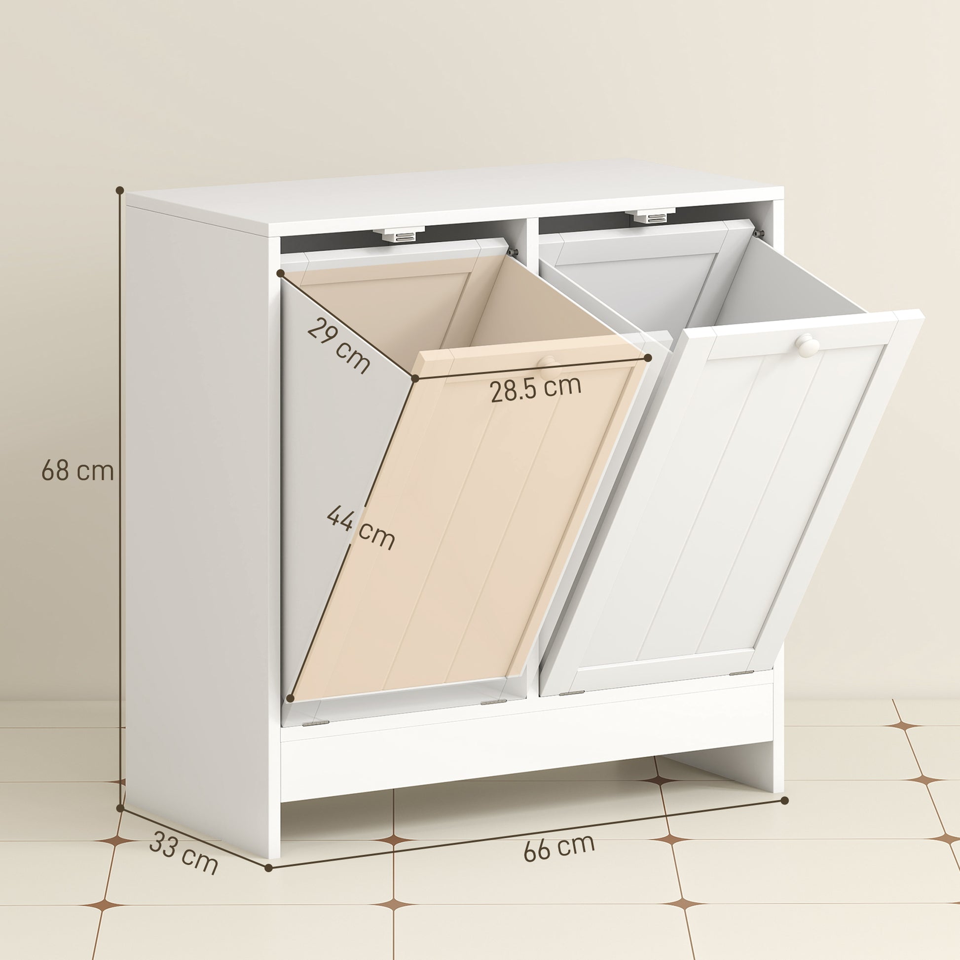 Portable Laundry Hamper with 2 Flip-Top Compartments, Wooden Bathroom Storage for Laundry, 66x33x68cm, White