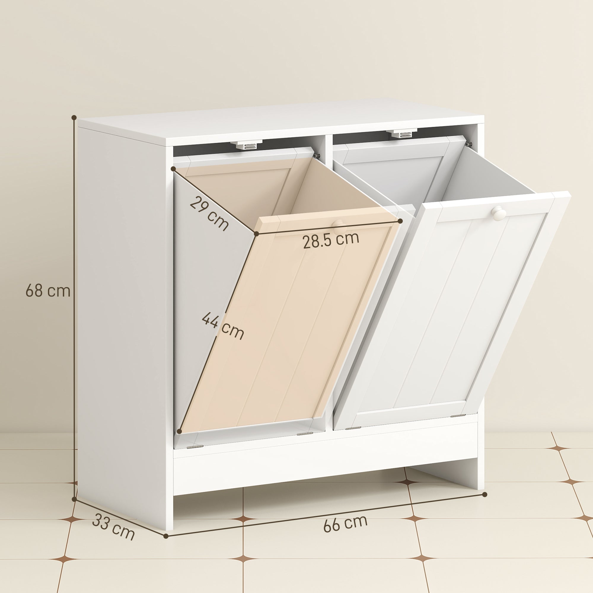 Portable Laundry Hamper with 2 Flip-Top Compartments, Wooden Bathroom Storage for Laundry, 66x33x68cm, White