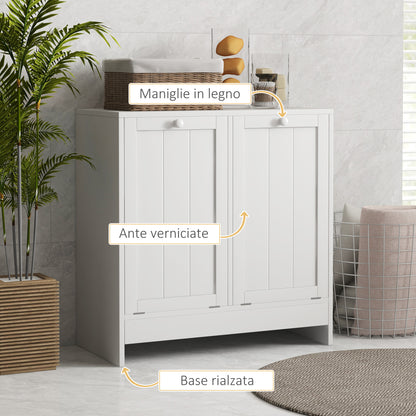 Portable Laundry Hamper with 2 Flip-Top Compartments, Wooden Bathroom Storage for Laundry, 66x33x68cm, White