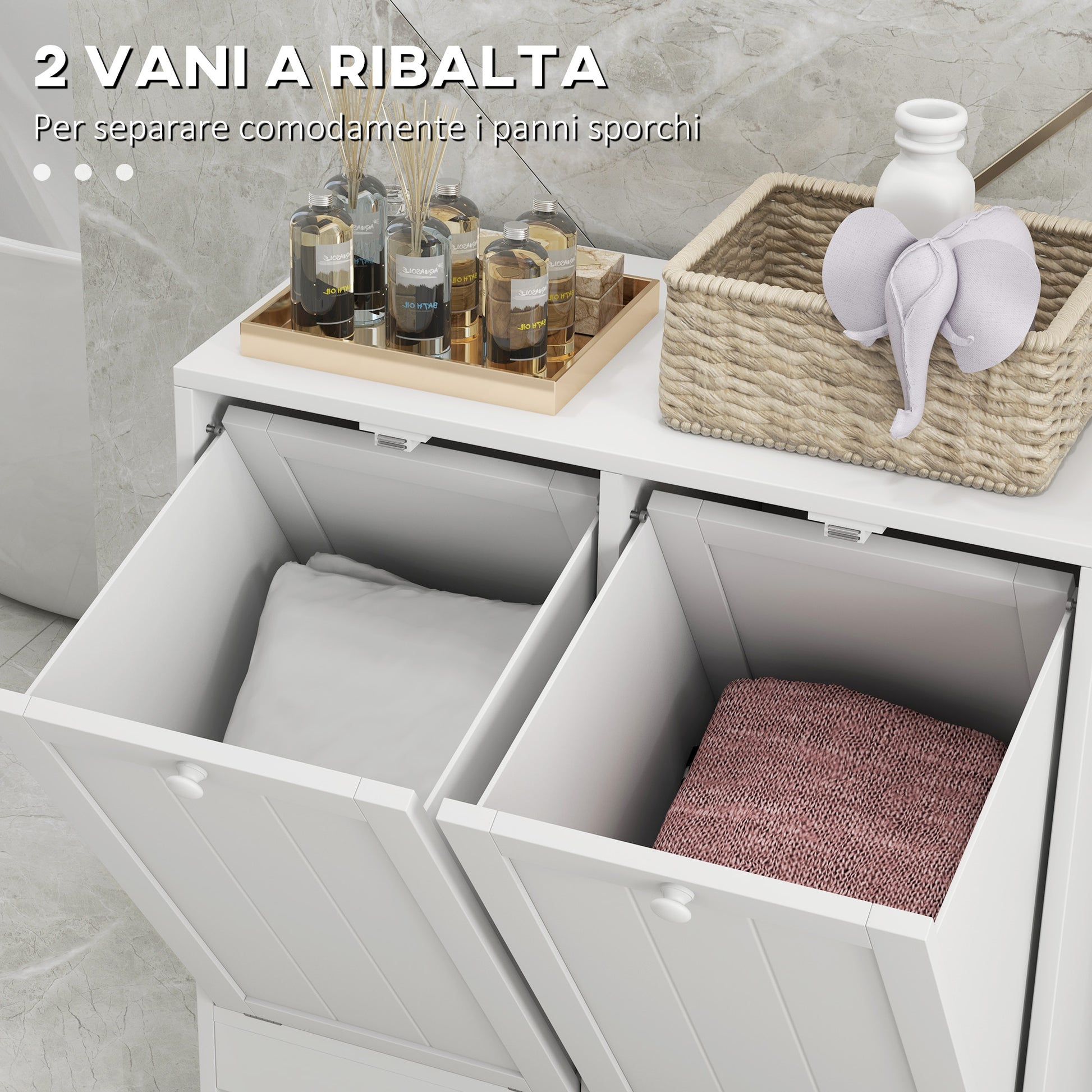 Portable Laundry Hamper with 2 Flip-Top Compartments, Wooden Bathroom Storage for Laundry, 66x33x68cm, White