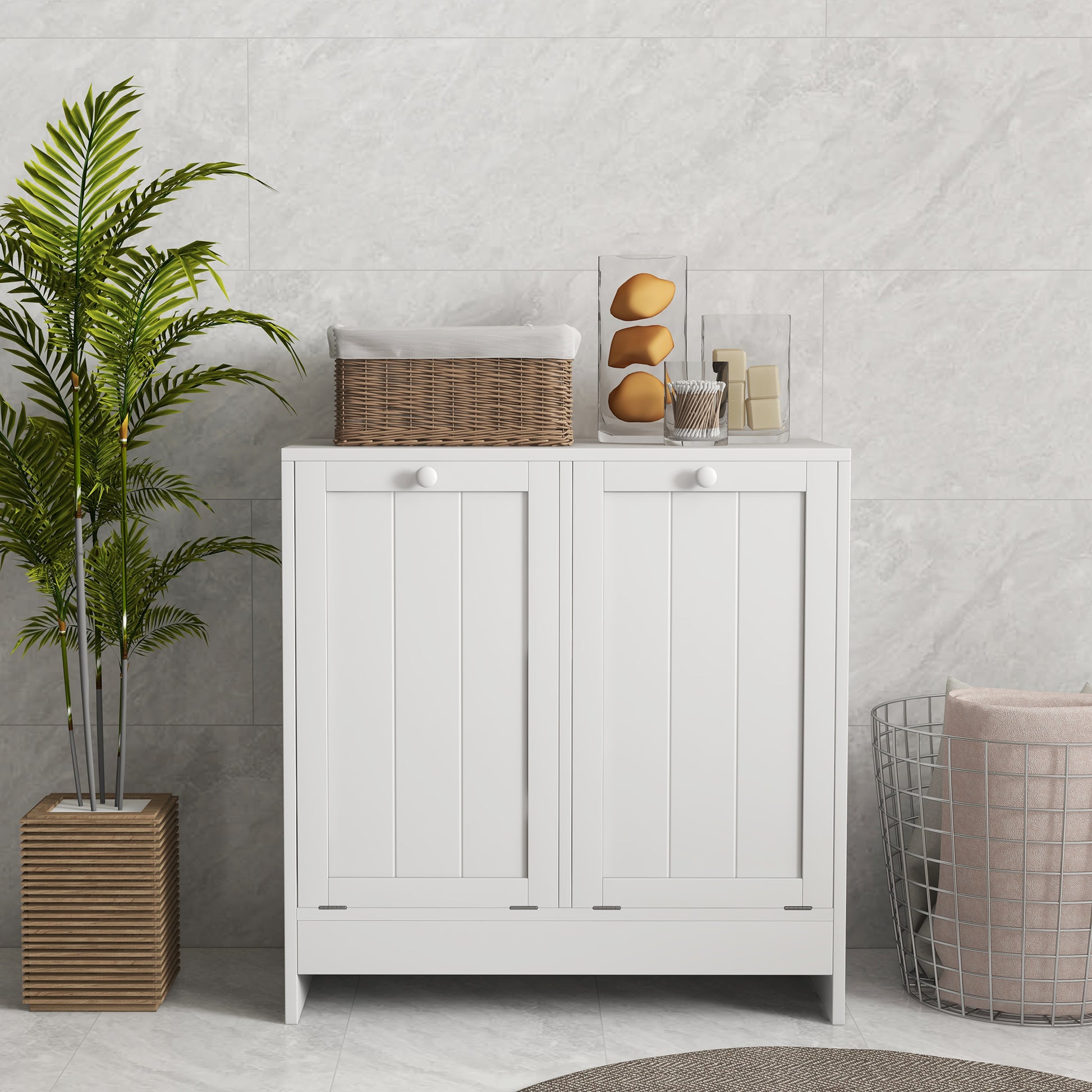Portable Laundry Hamper with 2 Flip-Top Compartments, Wooden Bathroom Storage for Laundry, 66x33x68cm, White