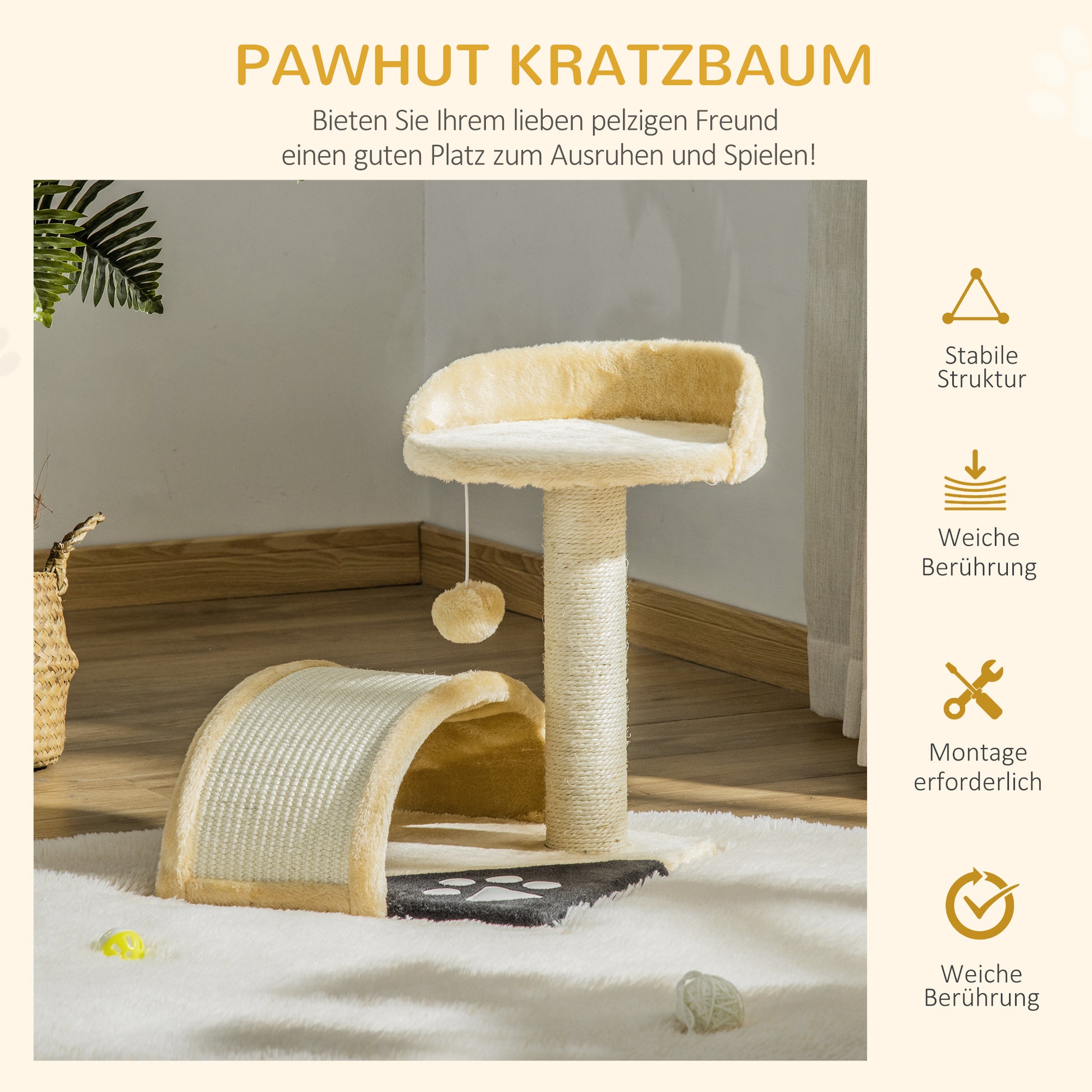 Cat Tree Scratching Post with Play Balls Cat Scratching Post Sisal Rope Scratching Posts Beige 35.5 x 37 x 46 cm