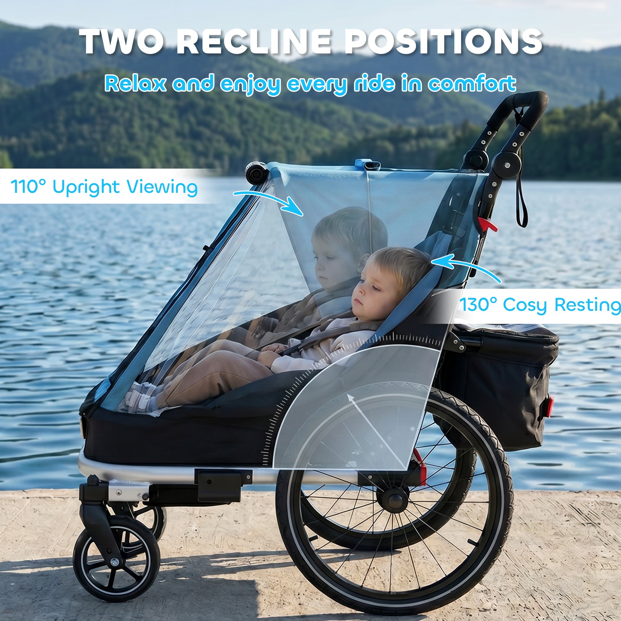 2-in-1 Foldable 2-Seat Bike Trailer & Stroller — 5-Point Harness, Safety Flag, for Children from 12 Months (Max 18 kg / 40 lb)