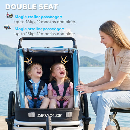 2-in-1 Foldable 2-Seat Bike Trailer & Stroller — 5-Point Harness, Safety Flag, for Children from 12 Months (Max 18 kg / 40 lb)
