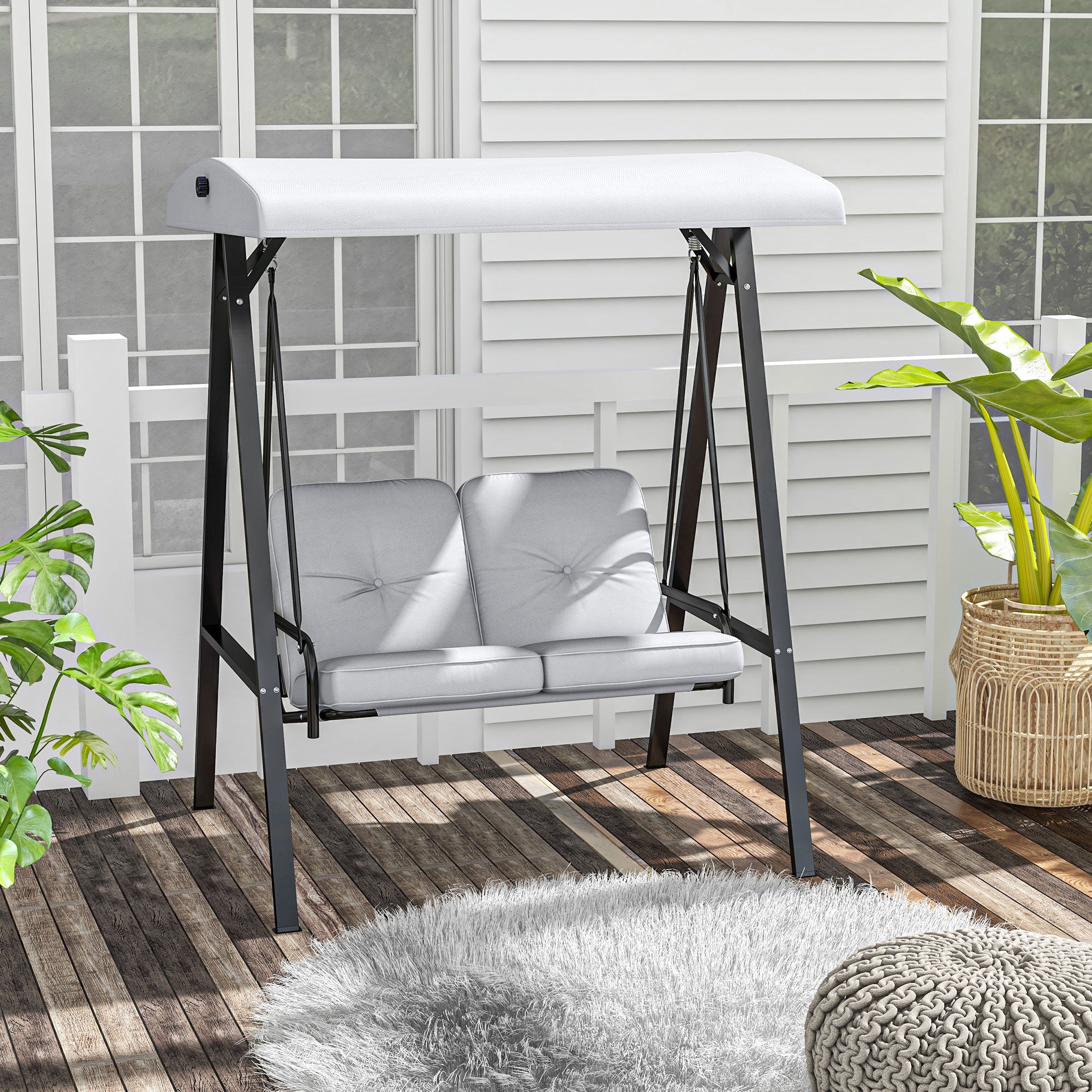 2-Seater Hollywood Swing Garden Swing with Adjustable Roof, Cushions, Swing Bench up to 220 kg Load Capacity, for Garden, Balcony, Gray, 145 x 116 x 172 cm