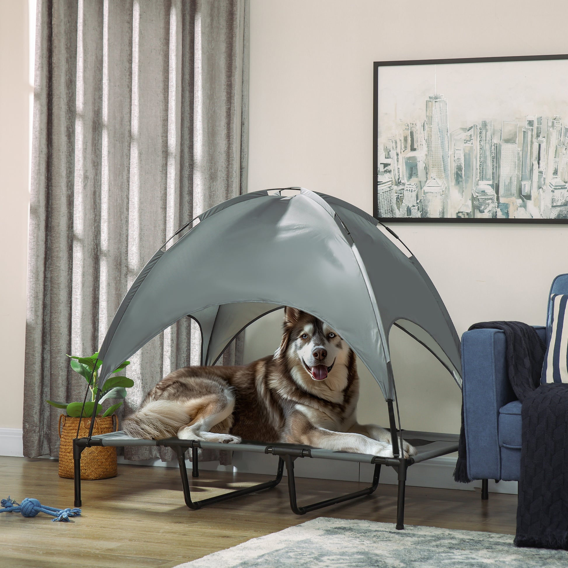 Elevated Dog Bed with Canopy, Pet Bed, Outdoor Dog Lounge with Roof, Breathable, Taft Fabric for Camping Gray 122 x 92 x 108 cm