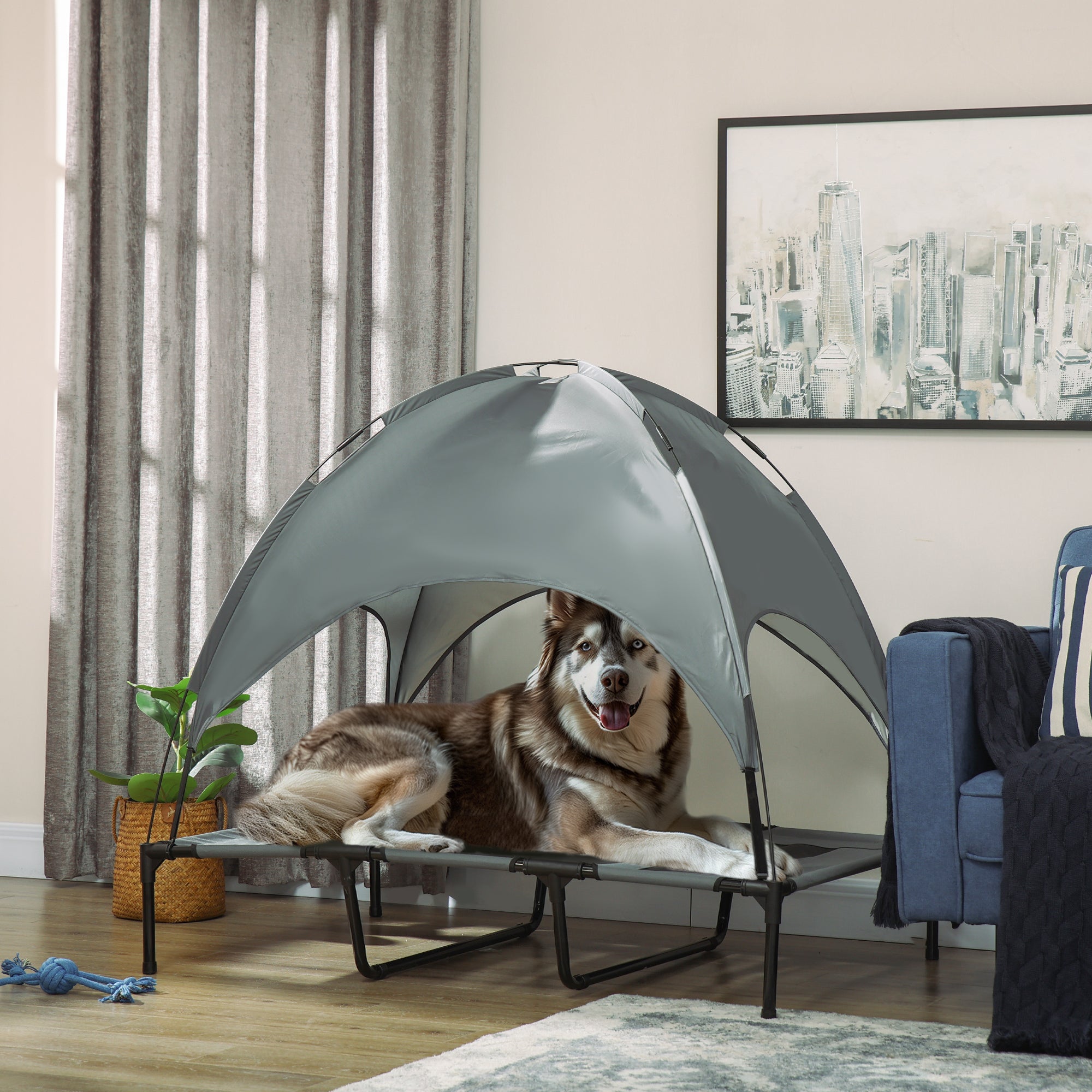 Elevated Dog Bed with Canopy, Pet Bed, Outdoor Dog Lounge with Roof, Breathable, Taft Fabric for Camping Gray 122 x 92 x 108 cm