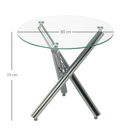 Dining Table, Round Kitchen Table for 4 Persons, Living Room Table, Glass Table, Coffee Table, Side Table, Steel, Ø80 x 74 cm, Transparent