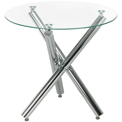 Dining Table, Round Kitchen Table for 4 Persons, Living Room Table, Glass Table, Coffee Table, Side Table, Steel, Ø80 x 74 cm, Transparent