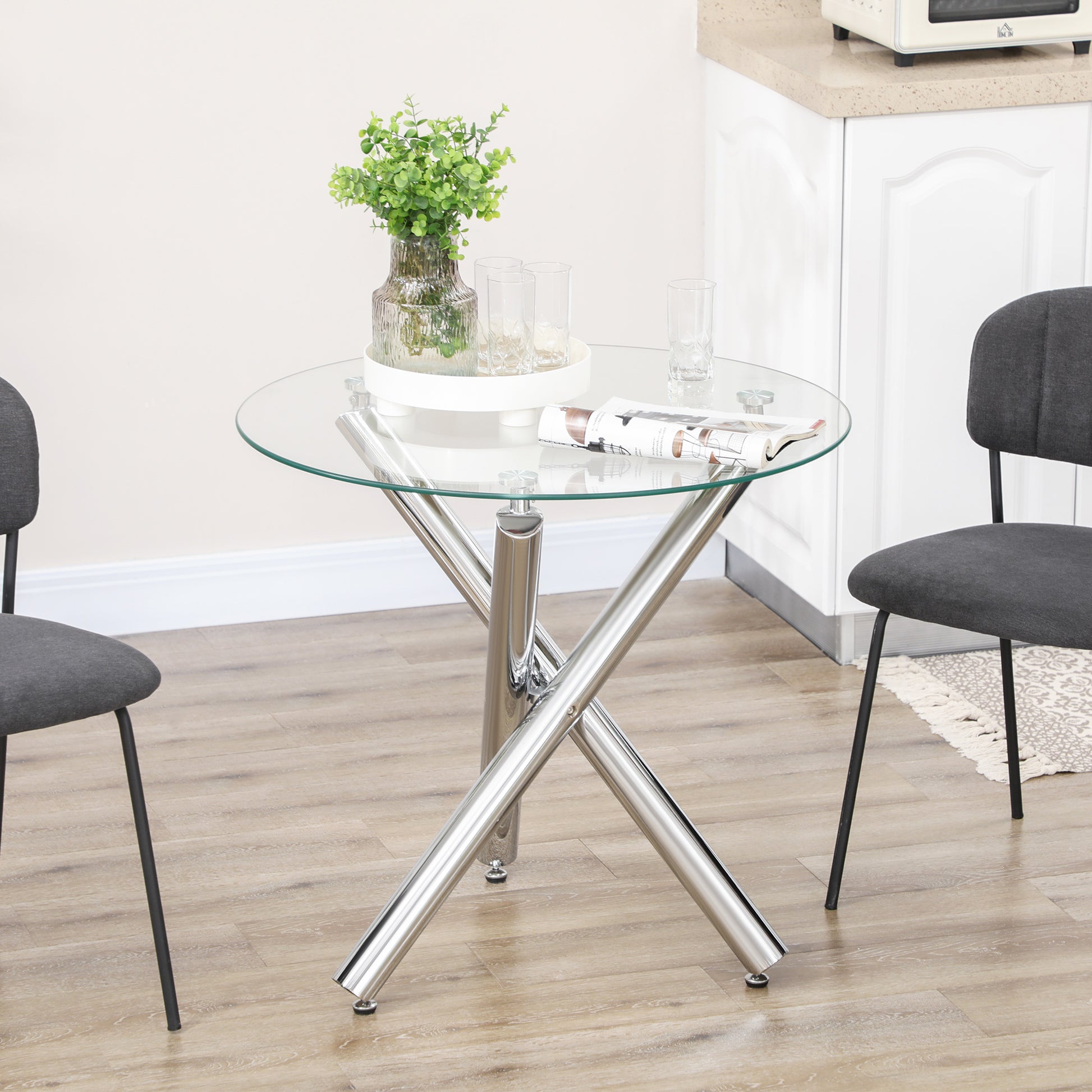 Dining Table, Round Kitchen Table for 4 Persons, Living Room Table, Glass Table, Coffee Table, Side Table, Steel, Ø80 x 74 cm, Transparent