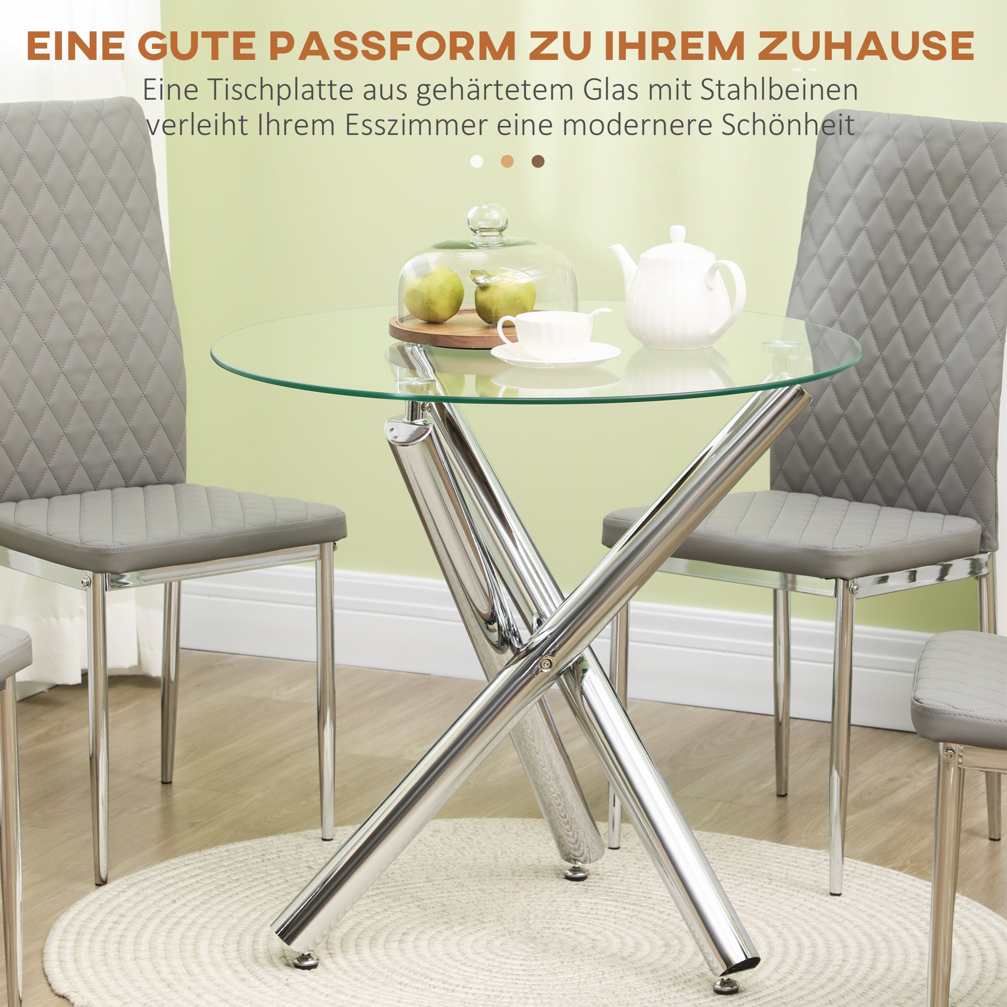 Dining Table, Round Kitchen Table for 4 Persons, Living Room Table, Glass Table, Coffee Table, Side Table, Steel, Ø80 x 74 cm, Transparent