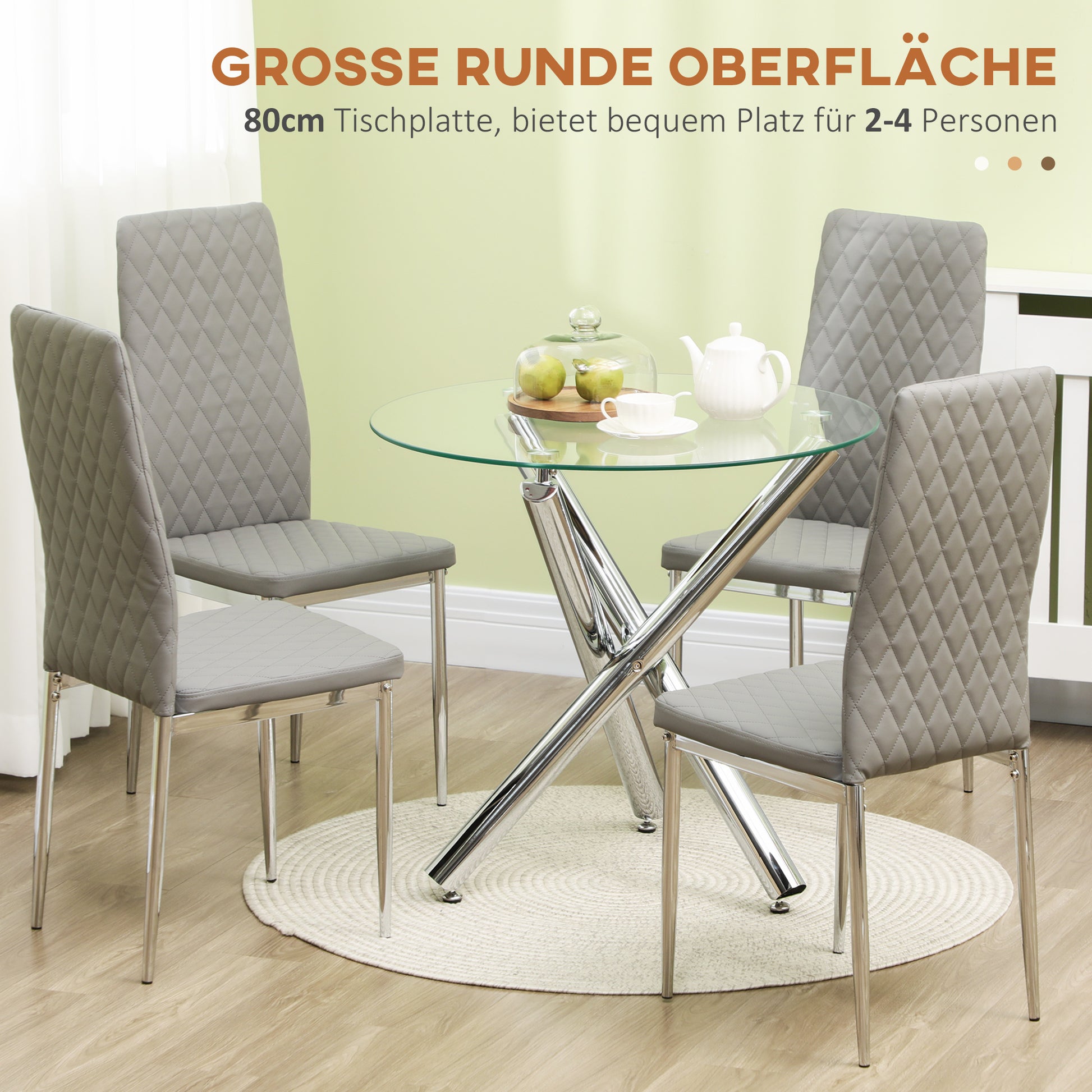 Dining Table, Round Kitchen Table for 4 Persons, Living Room Table, Glass Table, Coffee Table, Side Table, Steel, Ø80 x 74 cm, Transparent