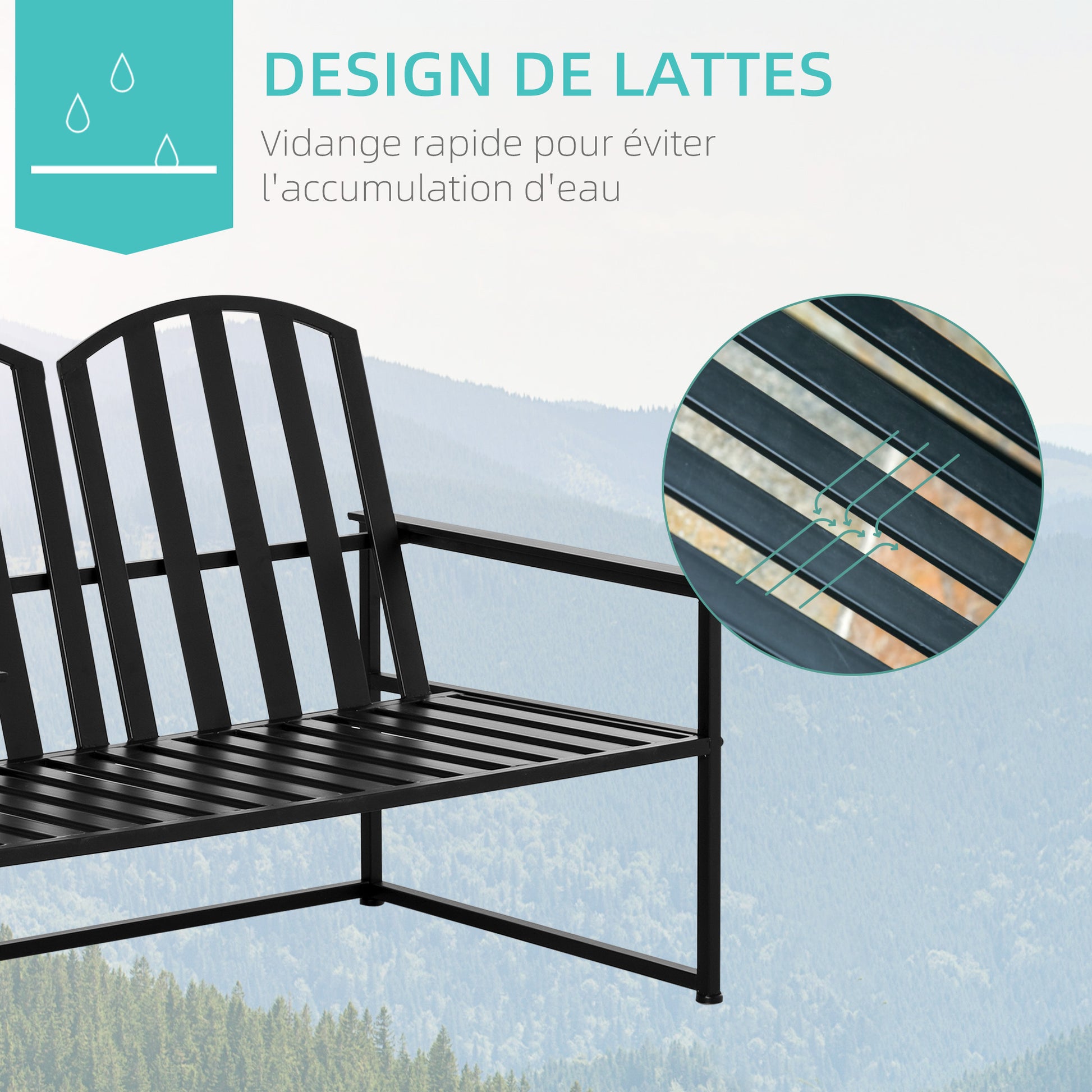 Contemporary Design 2-Seater Garden Bench, Dimensions: 108L x 63W x 80H cm, Black Epoxy Metal