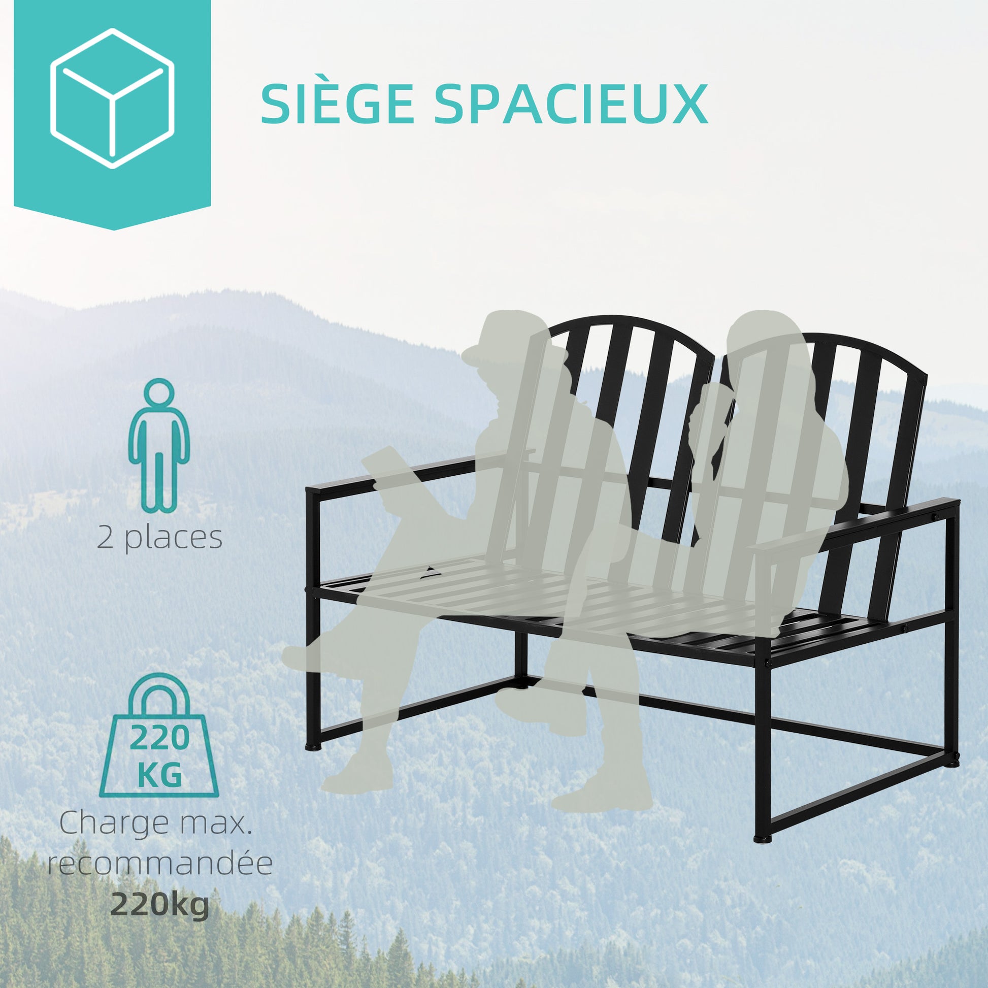Contemporary Design 2-Seater Garden Bench, Dimensions: 108L x 63W x 80H cm, Black Epoxy Metal