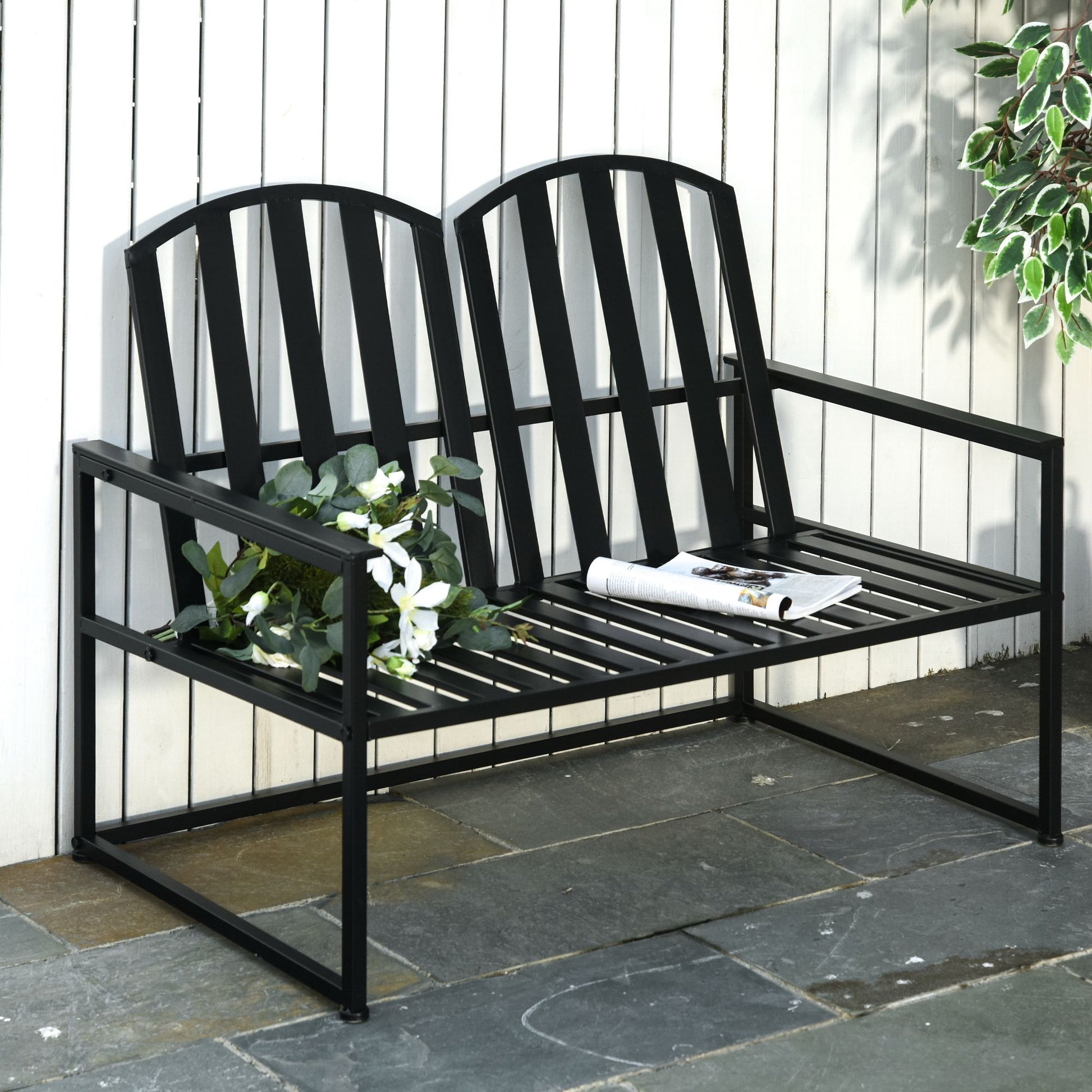 Contemporary Design 2-Seater Garden Bench, Dimensions: 108L x 63W x 80H cm, Black Epoxy Metal