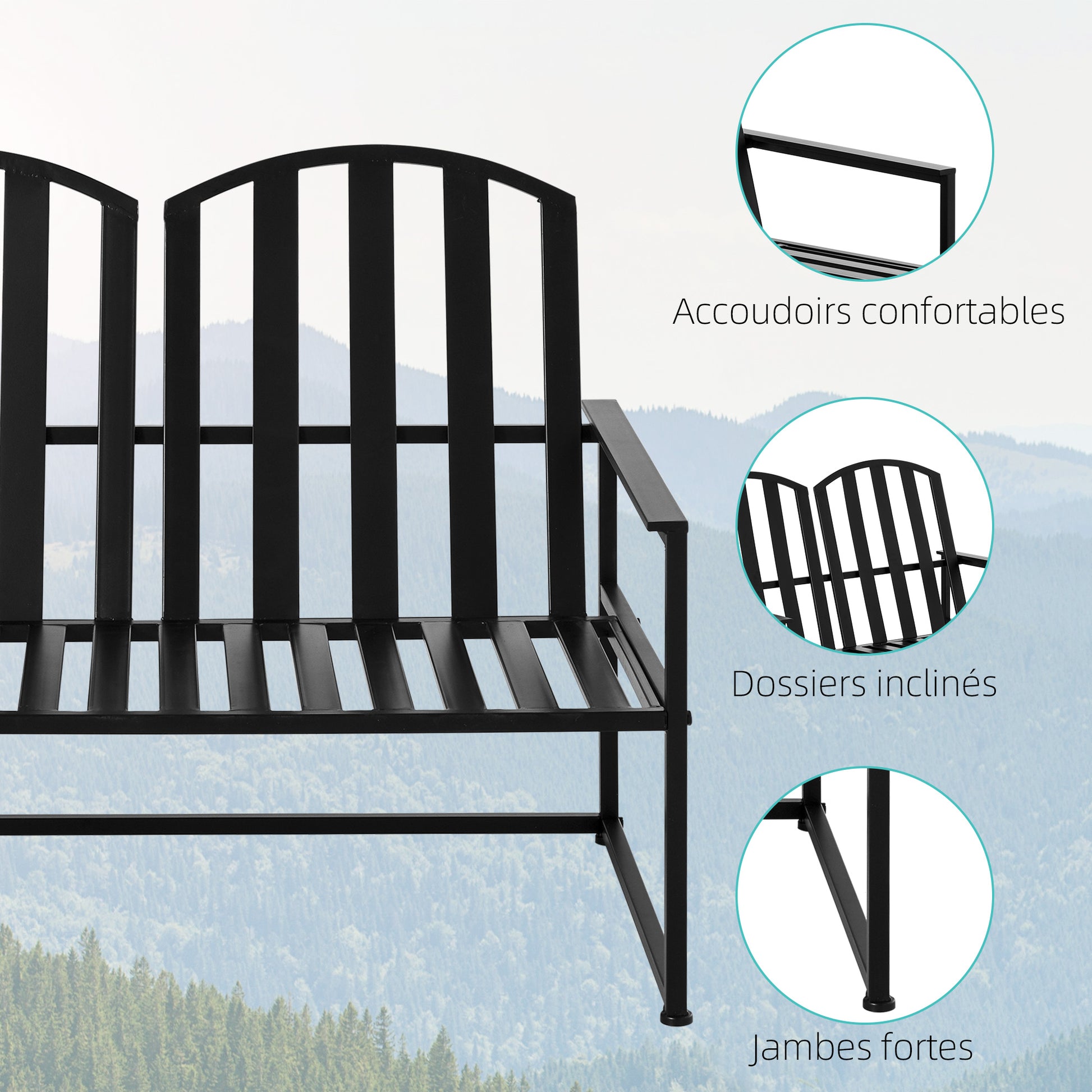 Contemporary Design 2-Seater Garden Bench, Dimensions: 108L x 63W x 80H cm, Black Epoxy Metal