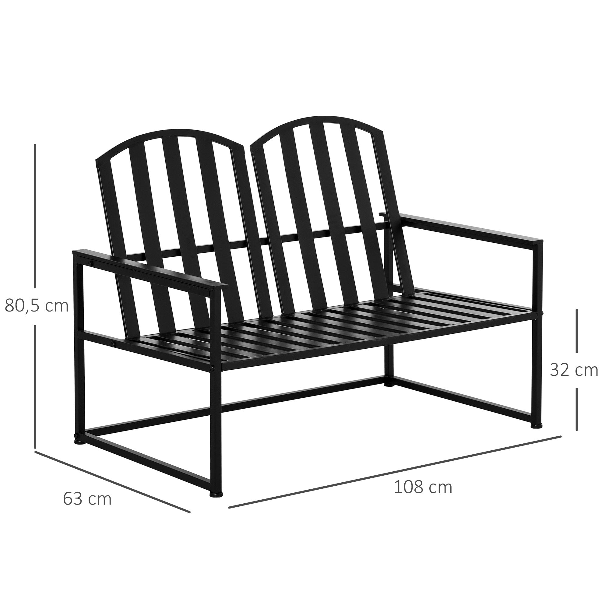 Contemporary Design 2-Seater Garden Bench, Dimensions: 108L x 63W x 80H cm, Black Epoxy Metal