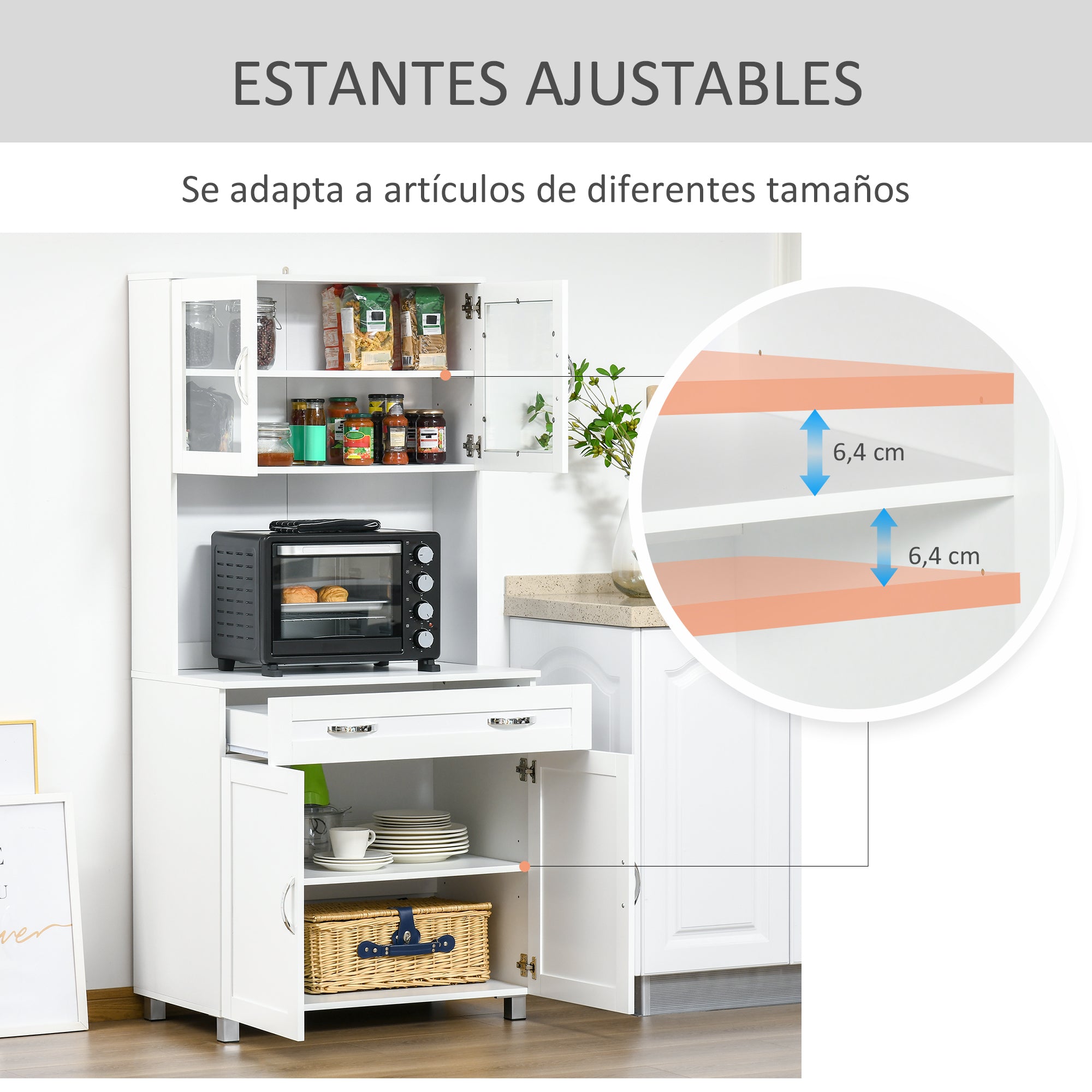 Kitchen Storage Cabinet Buffet Sideboard with Adjustable Interior Shelves and Drawer 31.5x18.9x66.9 inches White