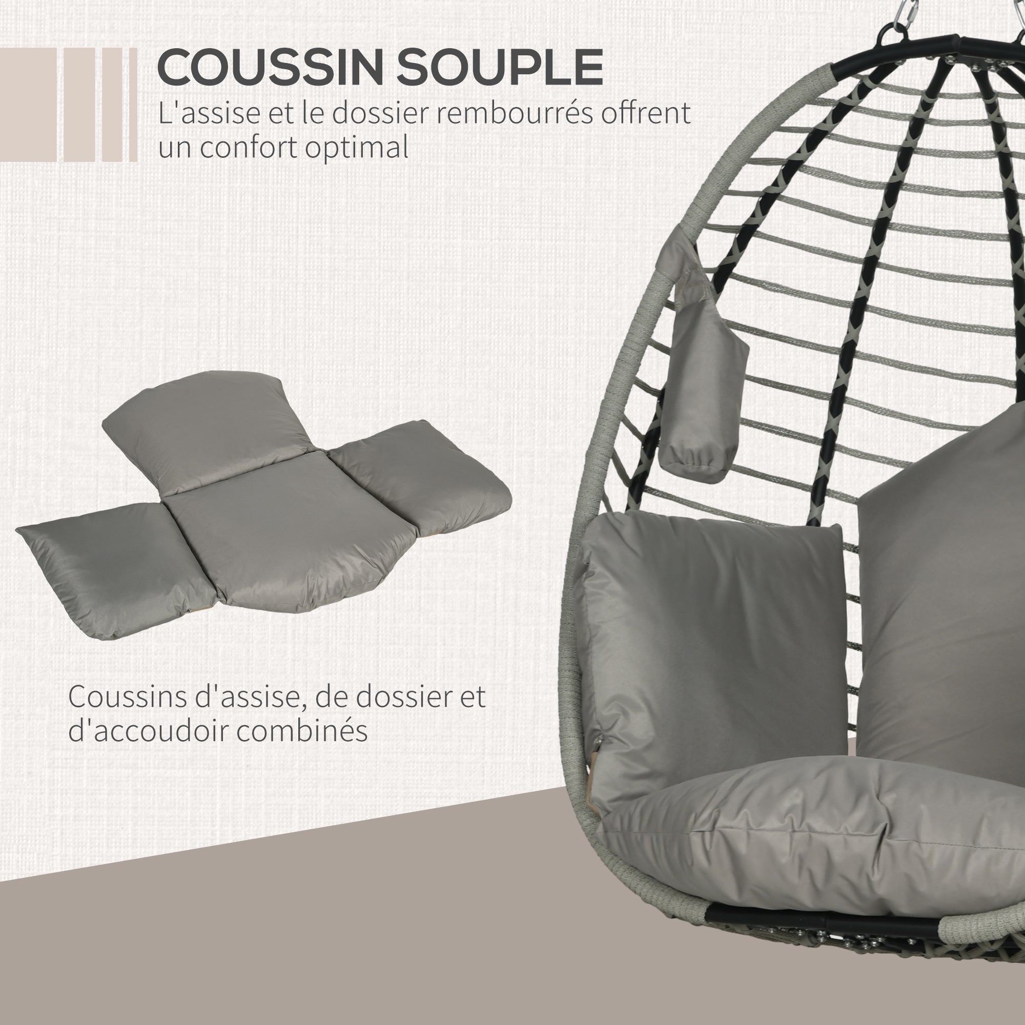 Foldable Hanging Egg Chair Swing with Cushion and Stand Indoor Outdoor use Metal Polypropylene Rope Gray 110L x 100W x 188H cm