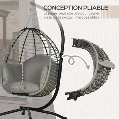 Foldable Hanging Egg Chair Swing with Cushion and Stand Indoor Outdoor use Metal Polypropylene Rope Gray 110L x 100W x 188H cm