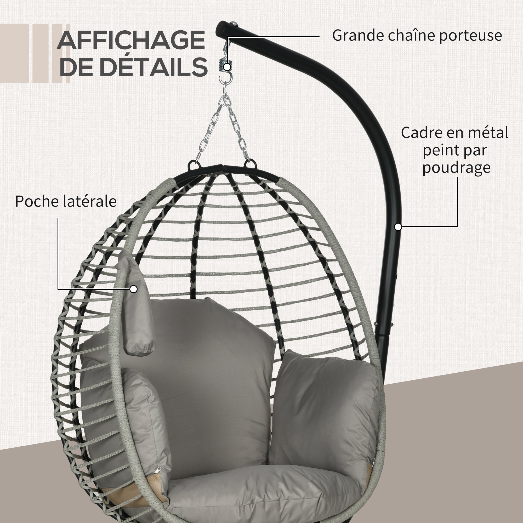 Foldable Hanging Egg Chair Swing with Cushion and Stand Indoor Outdoor use Metal Polypropylene Rope Gray 110L x 100W x 188H cm