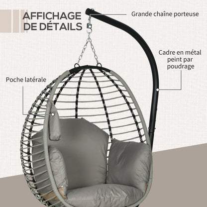 Foldable Hanging Egg Chair Swing with Cushion and Stand Indoor Outdoor use Metal Polypropylene Rope Gray 110L x 100W x 188H cm
