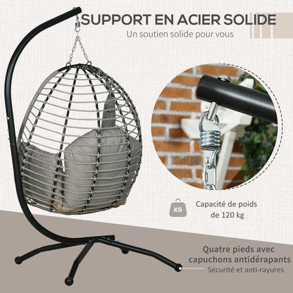 Foldable Hanging Egg Chair Swing with Cushion and Stand Indoor Outdoor use Metal Polypropylene Rope Gray 110L x 100W x 188H cm