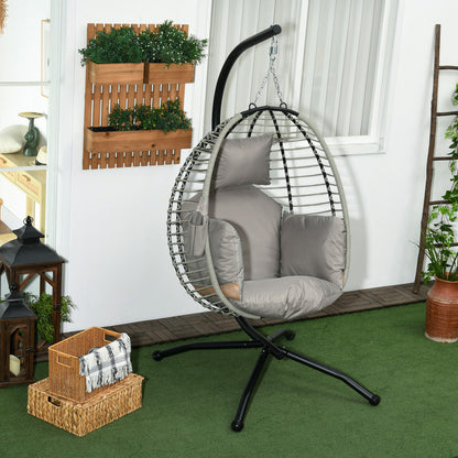 Foldable Hanging Egg Chair Swing with Cushion and Stand Indoor Outdoor use Metal Polypropylene Rope Gray 110L x 100W x 188H cm