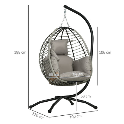 Foldable Hanging Egg Chair Swing with Cushion and Stand Indoor Outdoor use Metal Polypropylene Rope Gray 110L x 100W x 188H cm